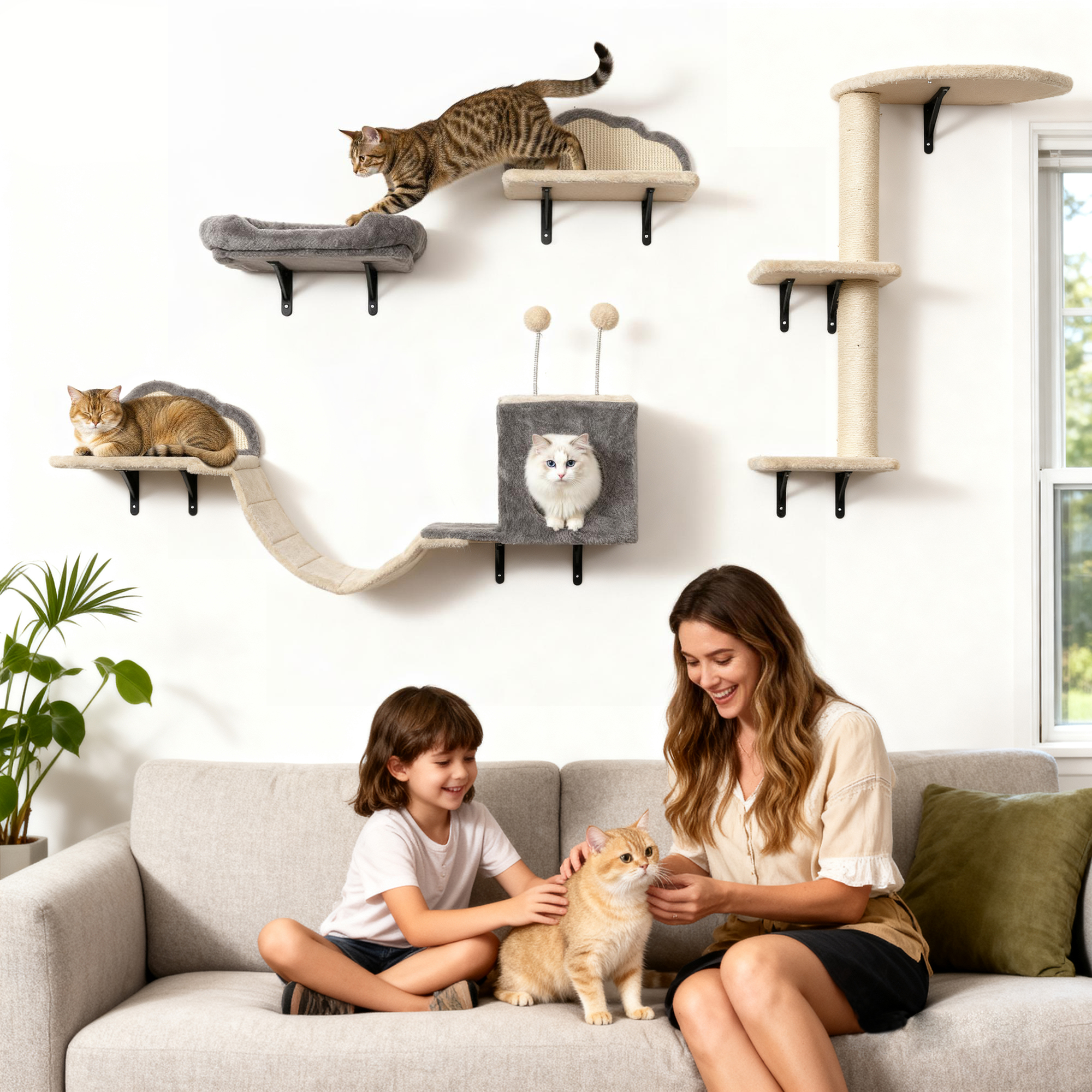 Wandmontiertes Kratzbaum-Set, Sisalkratzflächen, 4 Teile, für 1-3 Katzen, Beige