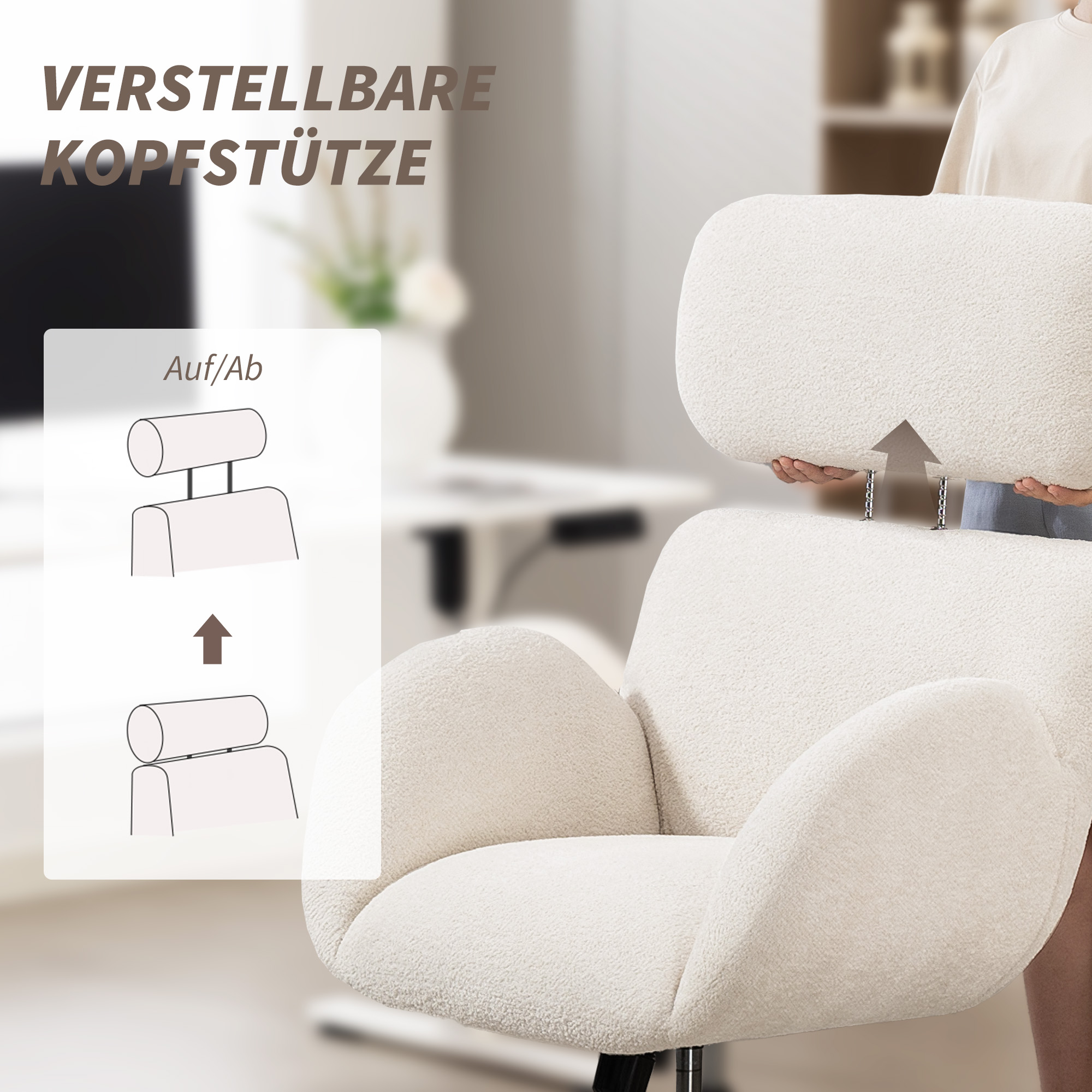 Bürostuhl mit Stoffbezug in Samtoptik, Polsterstuhl mit Stahlbasis, höhenverstellbarer Schreibtischstuhl, Cremeweiß