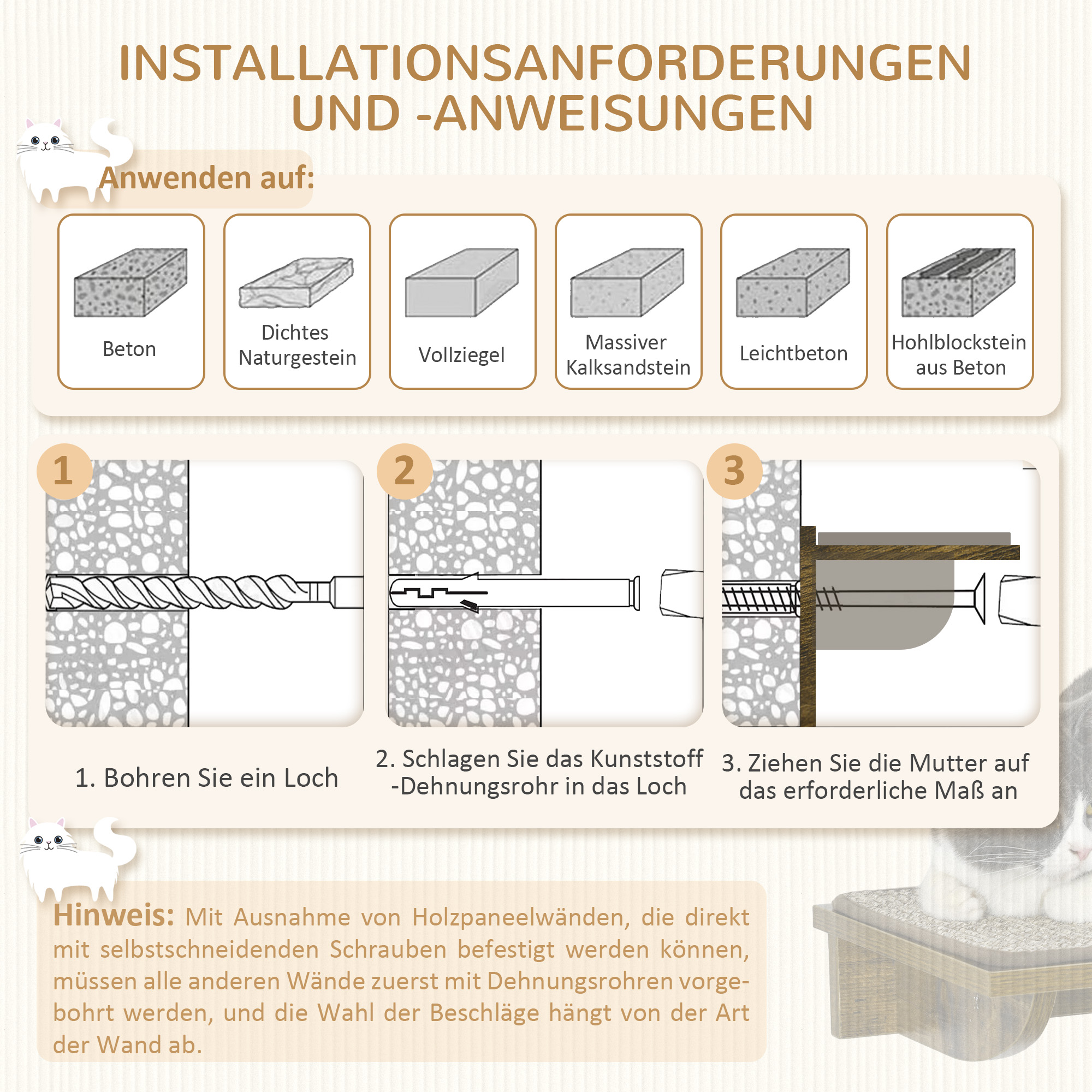 Katzentreppen-Set, Kletterwand, 8-teilig, bis 8 kg, robust, Braun/Cremeweiß