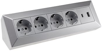 4-fach Steckdosenblock, USB-A+C, silber / 250V~/ 16A, Aufbaumontage, USB 3,1A, PD