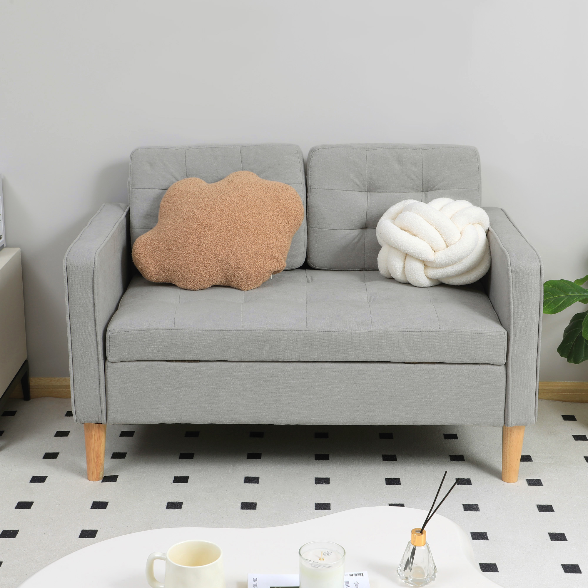 Zweisitzer-Sofa mit Stauraum, Knopfheftung, Kissen, Kautschukbaumholz, 117x62x78cm, Hellgrau