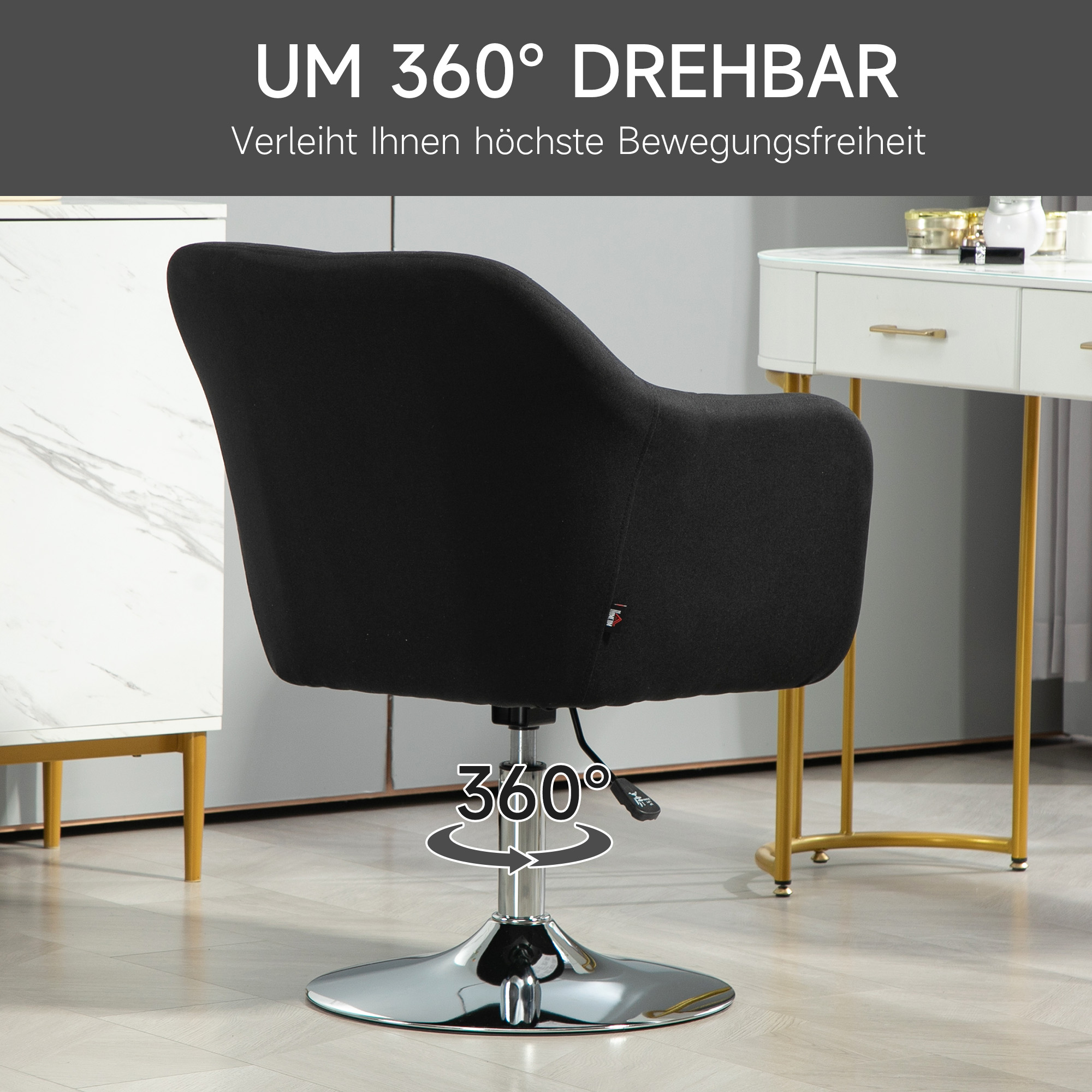 Drehstuhl, höhenverstellbarer Bürostuhl, leinenartiges Polyester, Metall, 60 x 60 x 79-91 cm, Schwarz