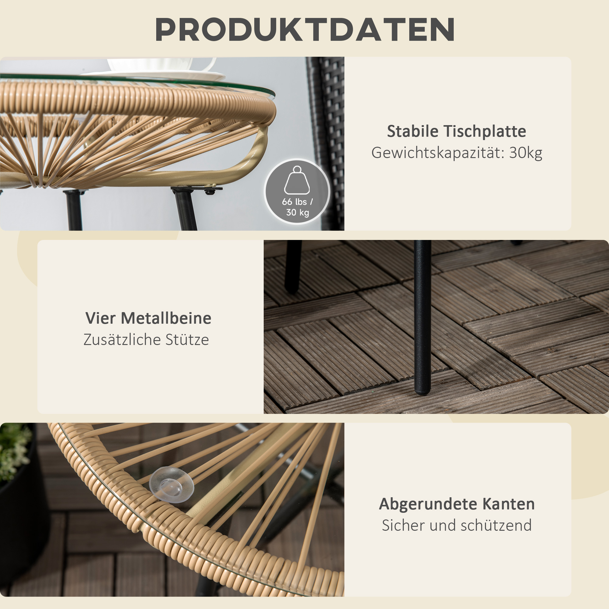 Gartentisch im Boho-Stil, PE-Rattan, gehärtetes Glas, wetterbeständig, 50 cm x 50 cm x 50 cm, Beige