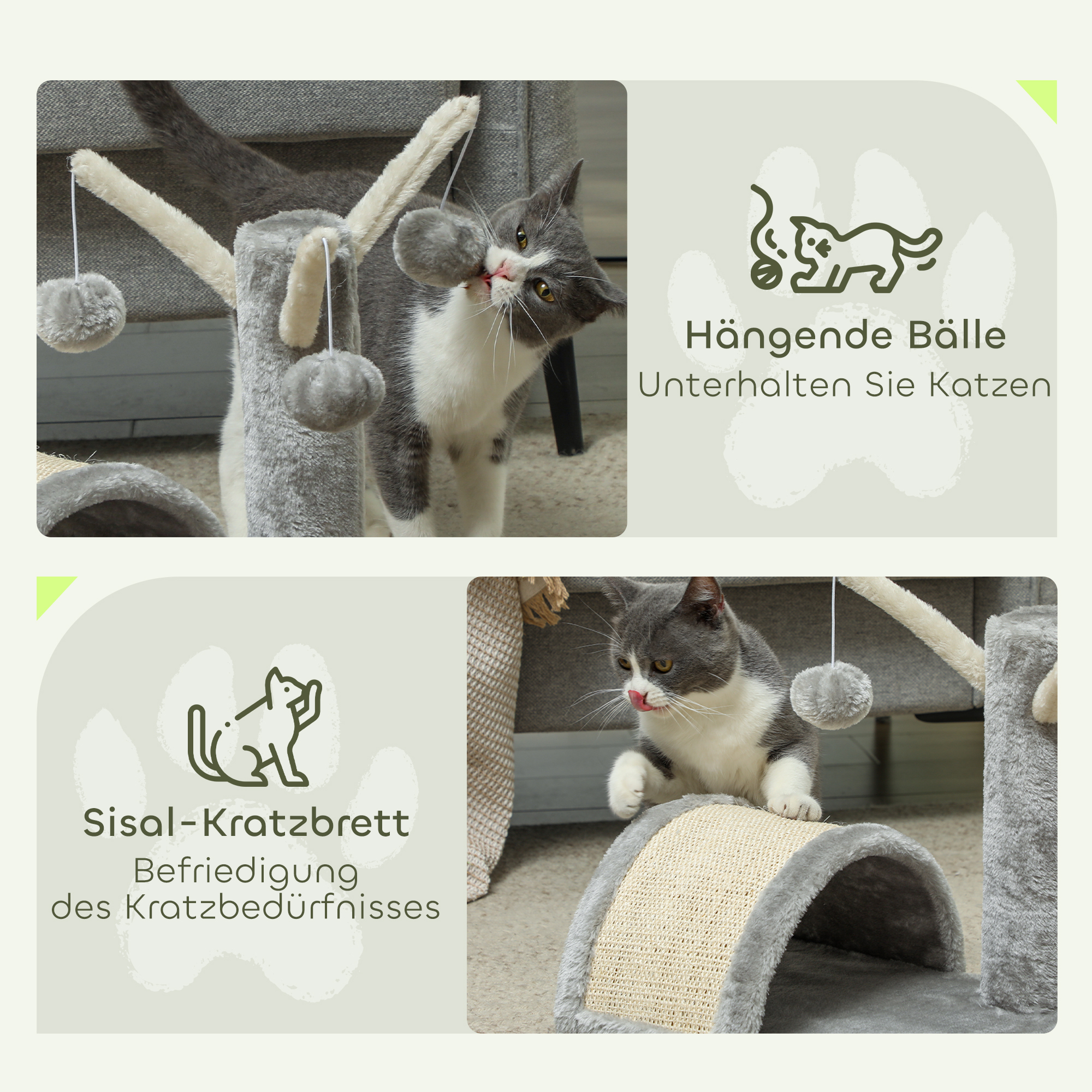 Kratzbaum 40 cm Kleiner Katzenturm mit Höhle, 2 Spielball, Kratzmatte, Katzenkratzbaum, Kletterbaum, für kleine & große Katzen, Hellgrau