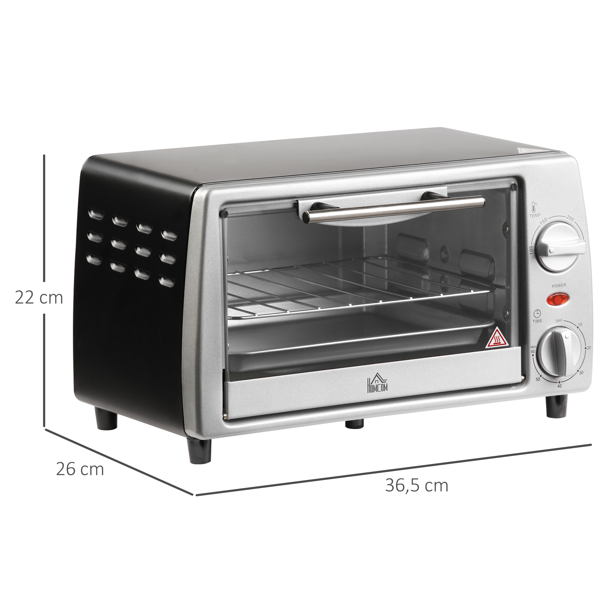 Mini Backofen 10 L 750W 100-230℃ 60 Min. Timer mit Backblech, Grillrost und Herausnehmbarer Bodenschale, Pizza-Ofen Silber