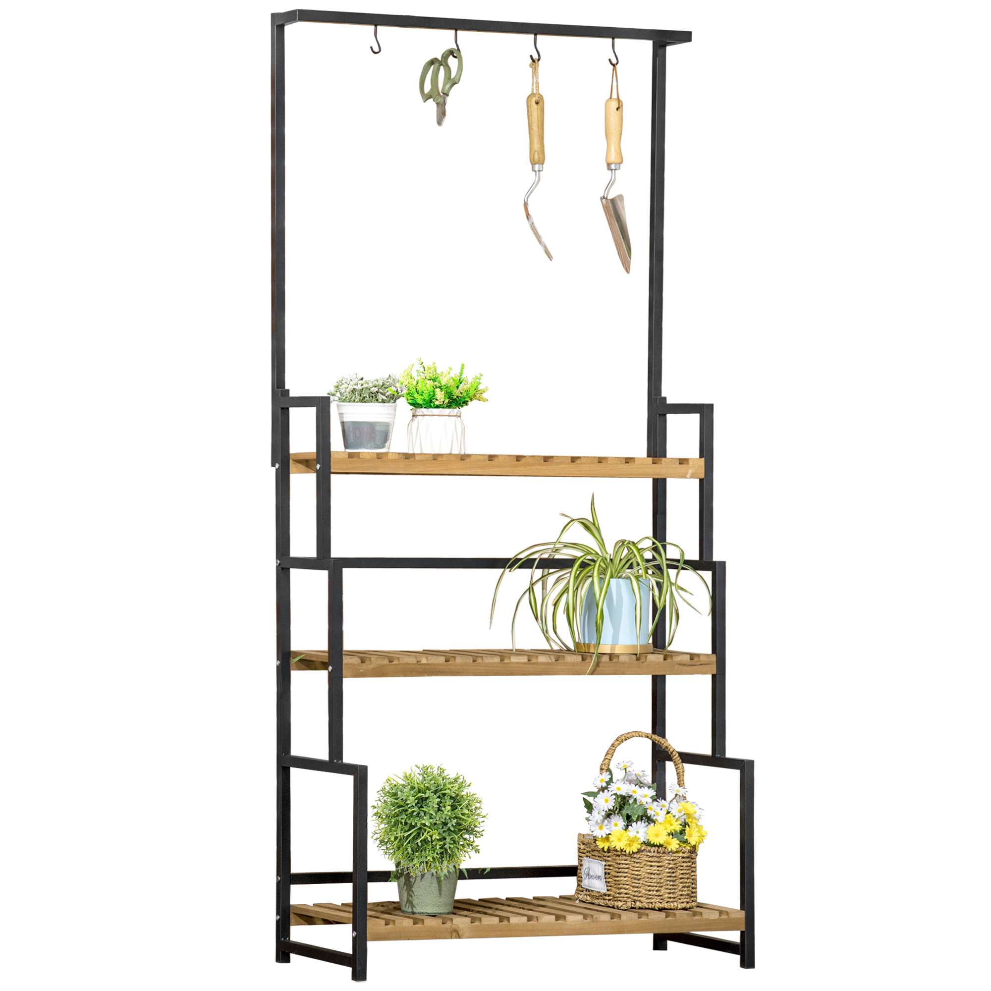 Pflanzenregal mit 3 Ebenen und Befestigungshaken, Blumentreppe aus Naturholz, 80 cm x 36 cm x 174 cm, Natur