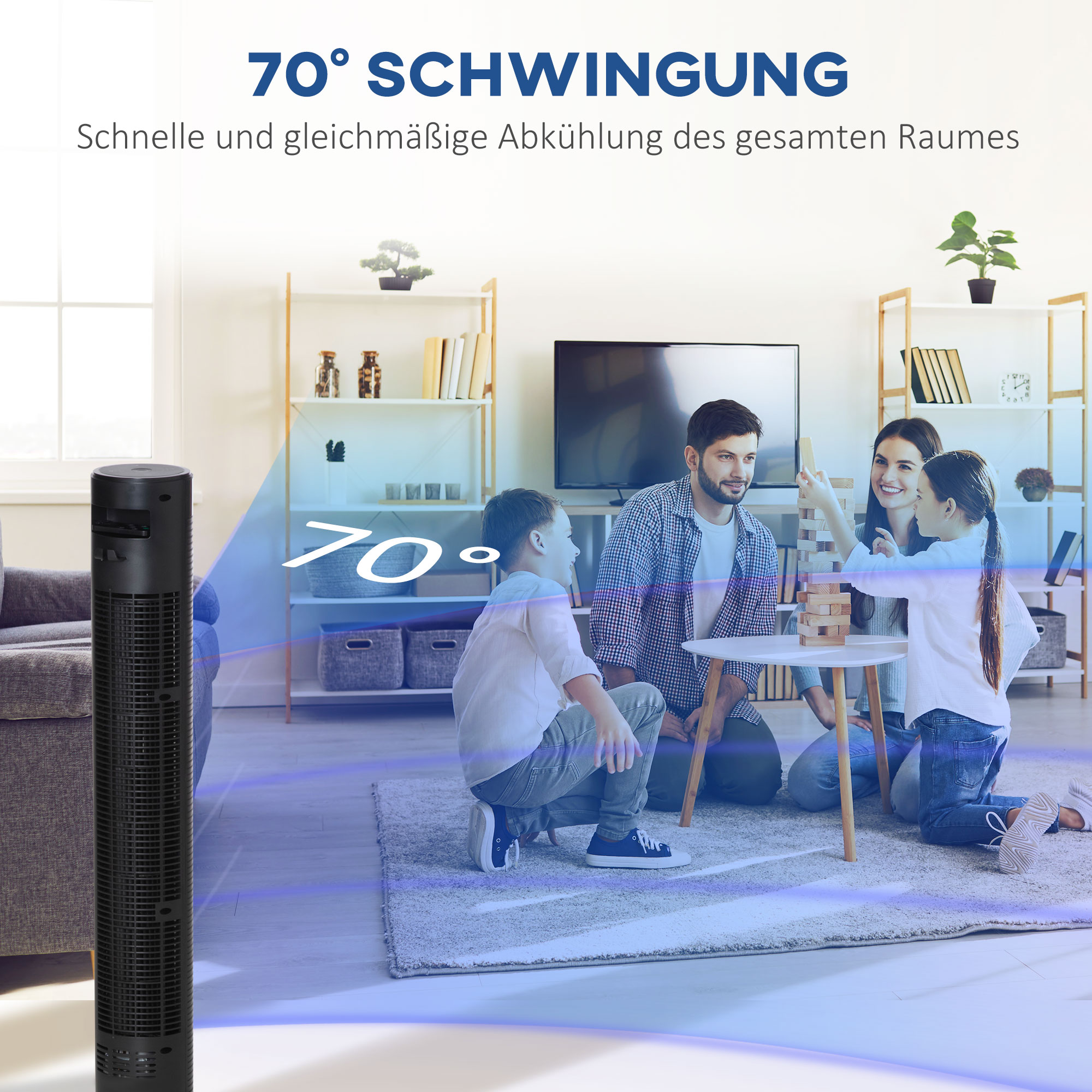 Turmventilator leise mit Fernbedienung 117 cm 70° Oszillierende Ventilator Standventilator mit 4 Modi, 3 Geschwindigkeiten, 12 Std.-Timer, LED-Anzeige, Schwarz