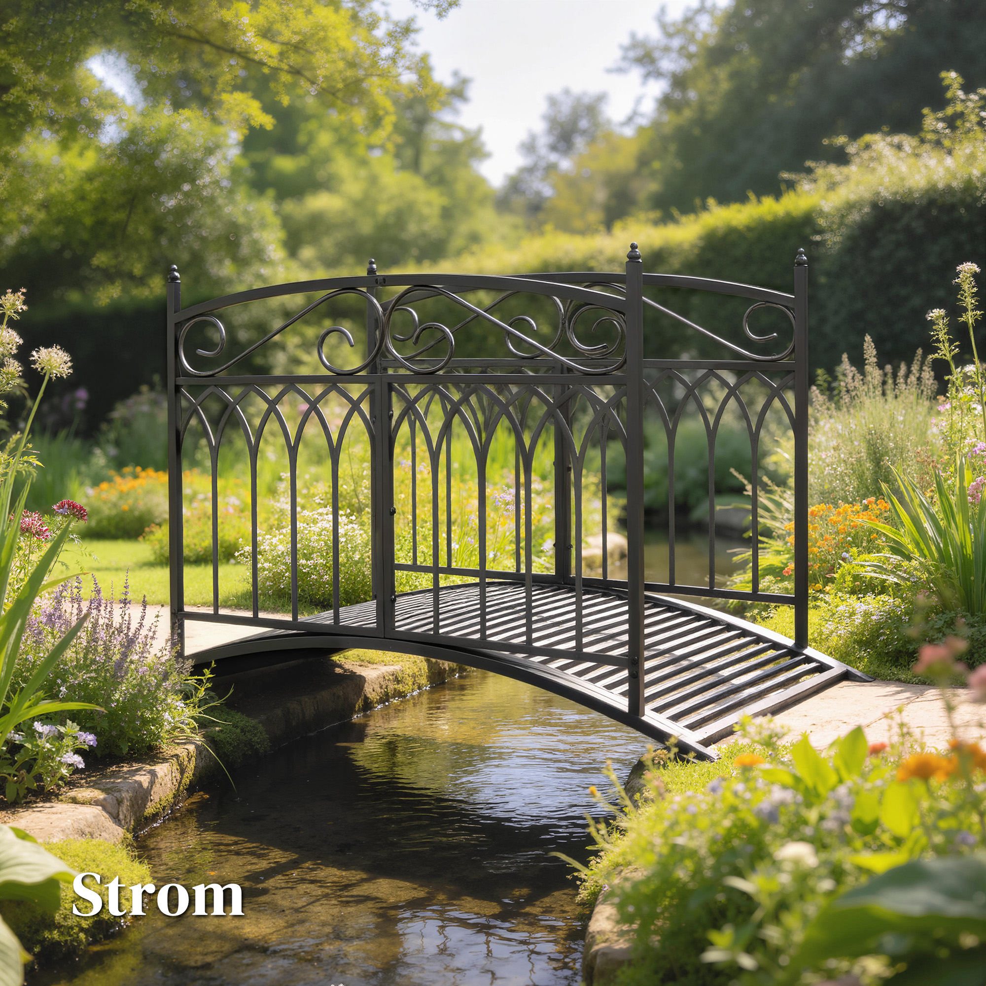 Gartenbrücke aus Metall 135,5 cm Teichbrücke mit Sicherheitsgeländern Antik-Optik Rostbeständig einfache Montage