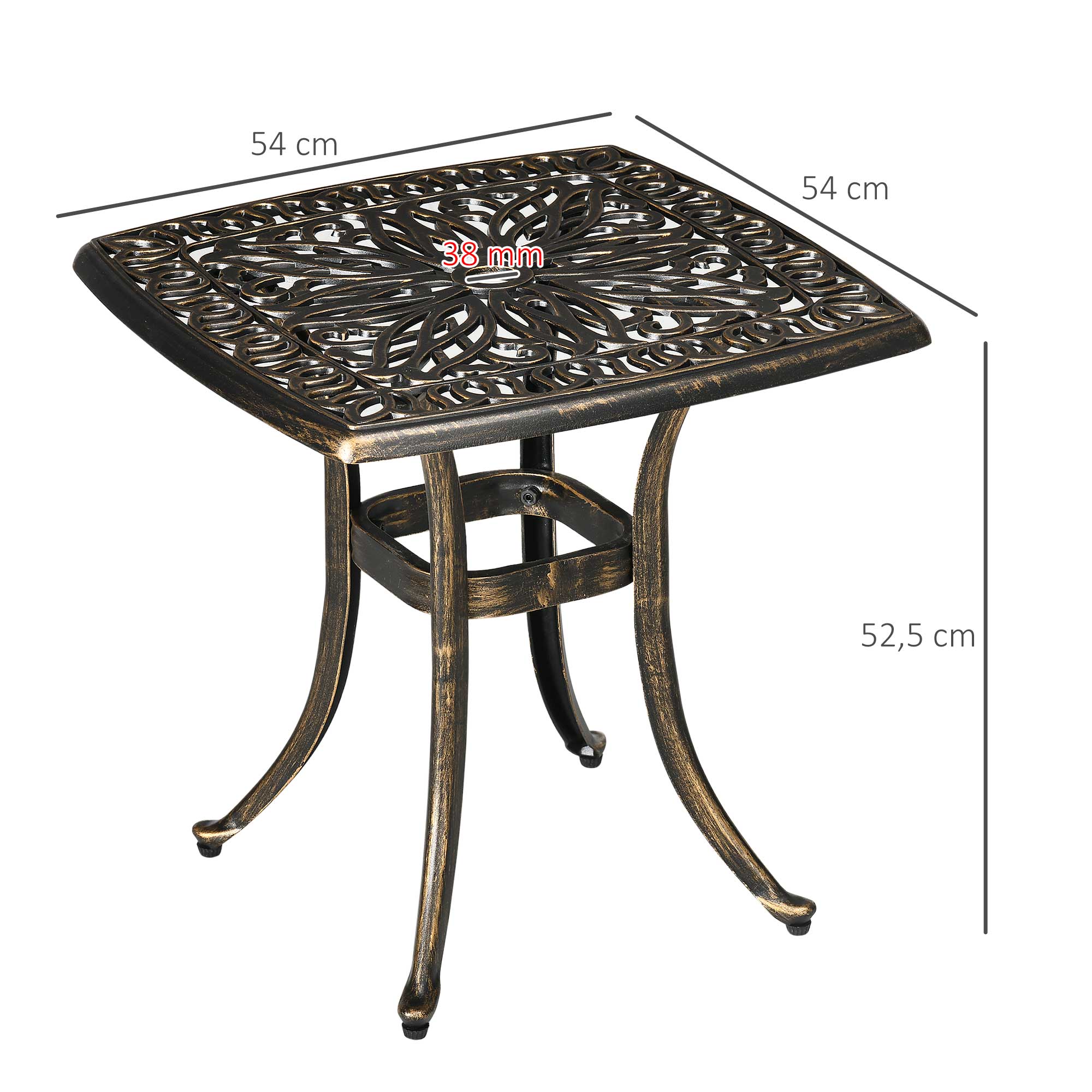 Gartentisch, dekoratives Vintage-Design, mit Schirmloch, Aluminiumguss, Farbe: Bronze, 54 x 54 x 52,5 cm