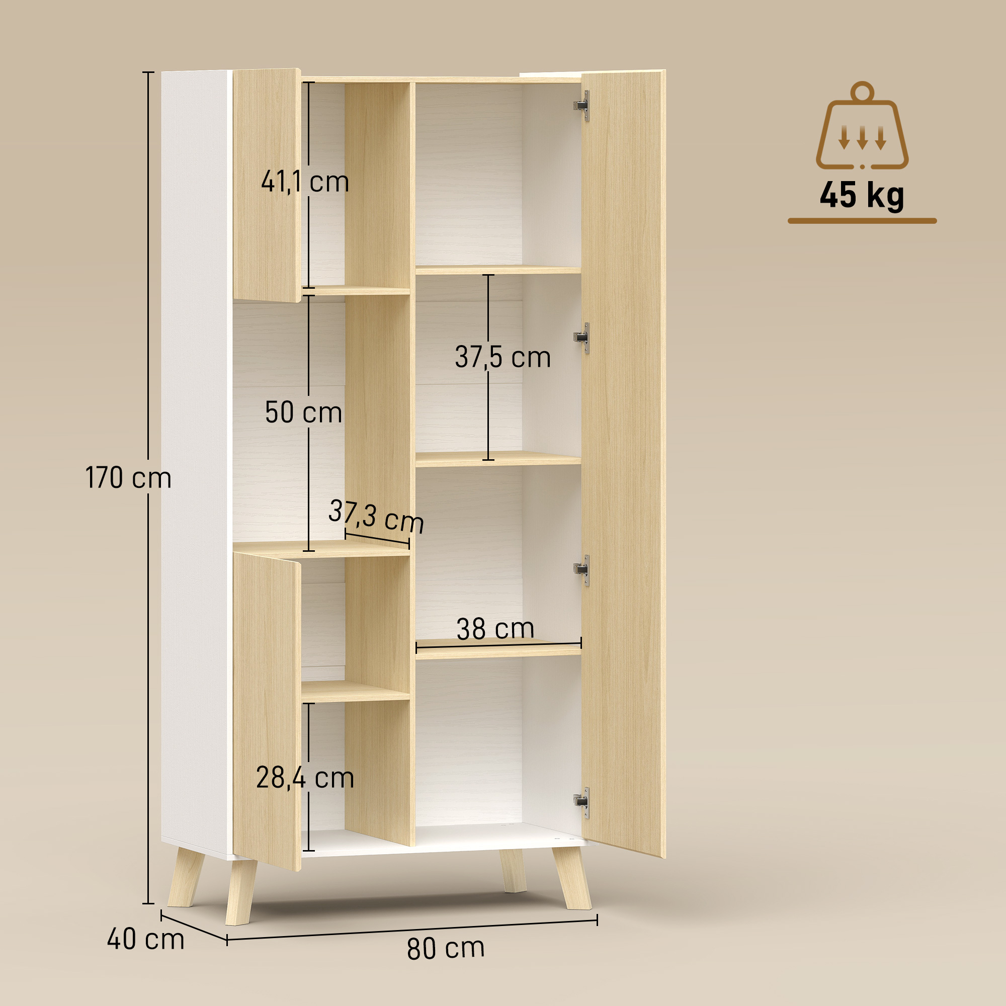 170 cm Küchenschrank, Moderner Schrank mit offenem Fach, verstellbaren Regalen, Naturholz-Optik
