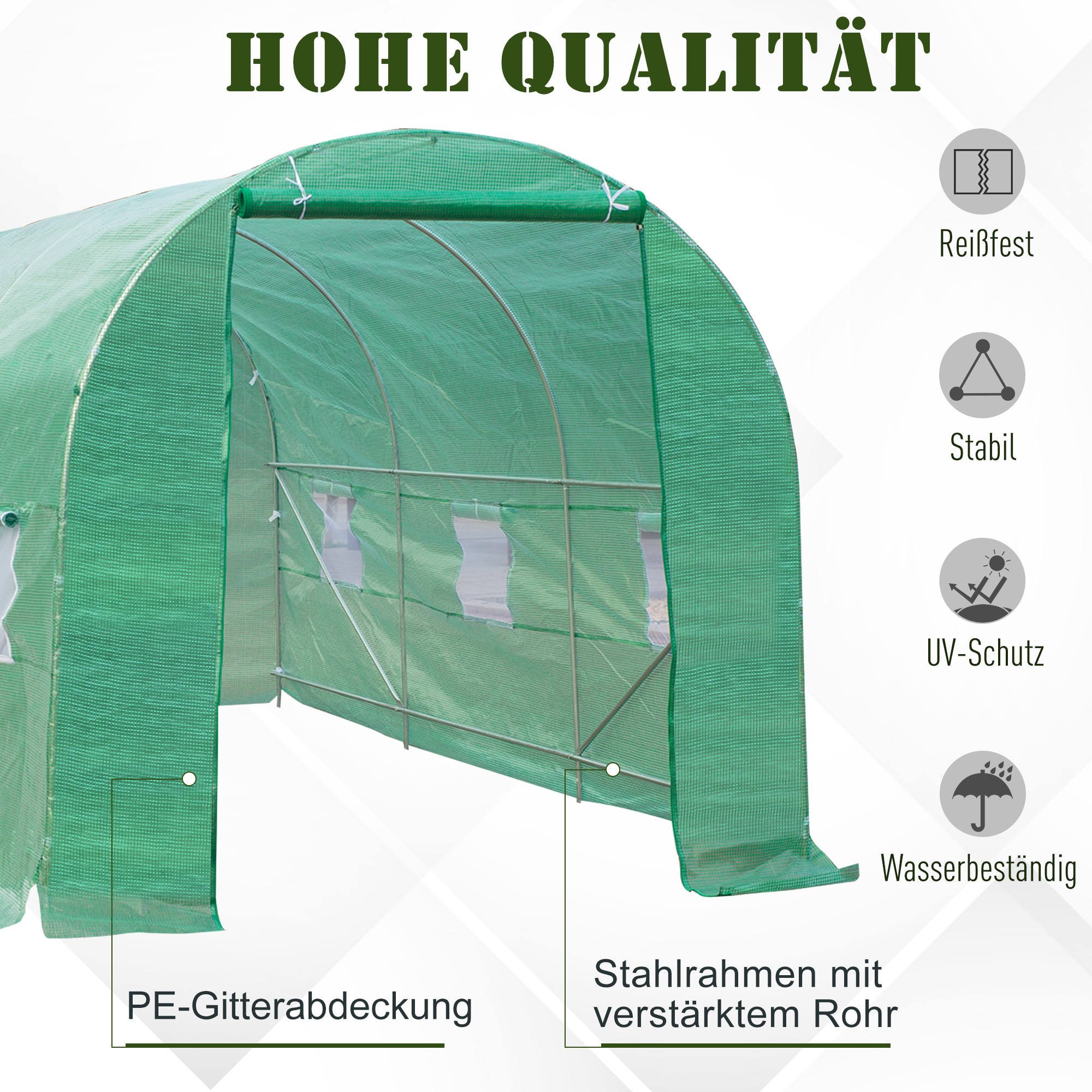 Gewächshaus 445x190x200cm Foliengewächshaus Tomatenhaus Tür mit Moskitonetz, Fenster, Folientunnel aus verzinktem Stahl, stabiles Pflanztunnel, Treibhaus inkl. Erdanker Seilen, Grün