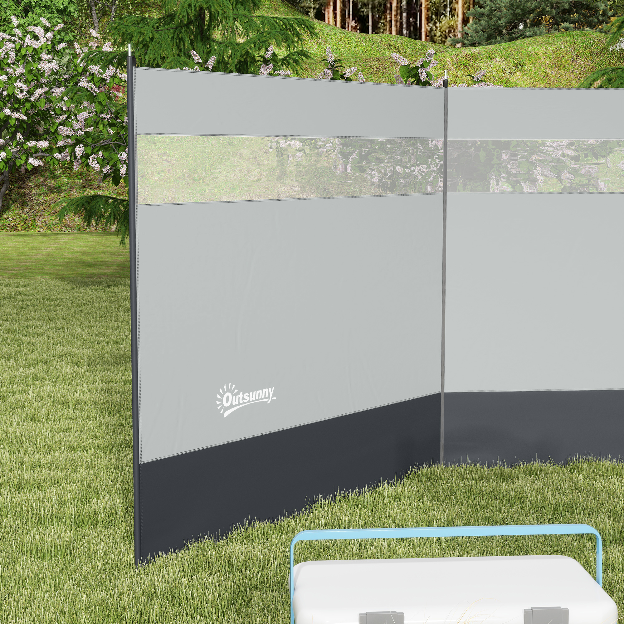 Windschutz mit Sichtfenster und Tragetasche, Stahlstangen, 440x140cm, Grau