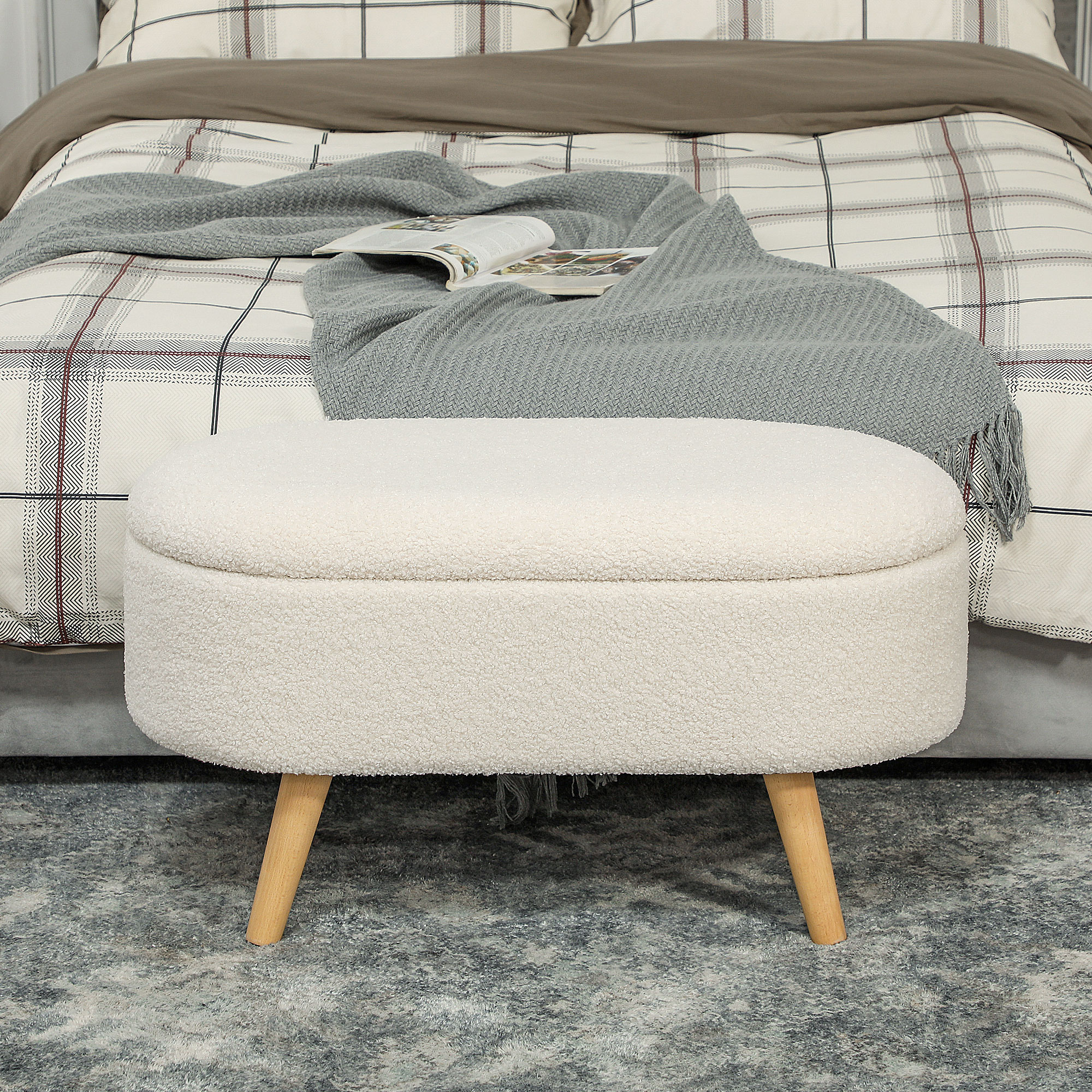 Sitzbank mit Stauraum und Deckel, Fußhocker für Flur, Wohnzimmer, Schlafzimmer, Holz, Stoffbezug, Weiß