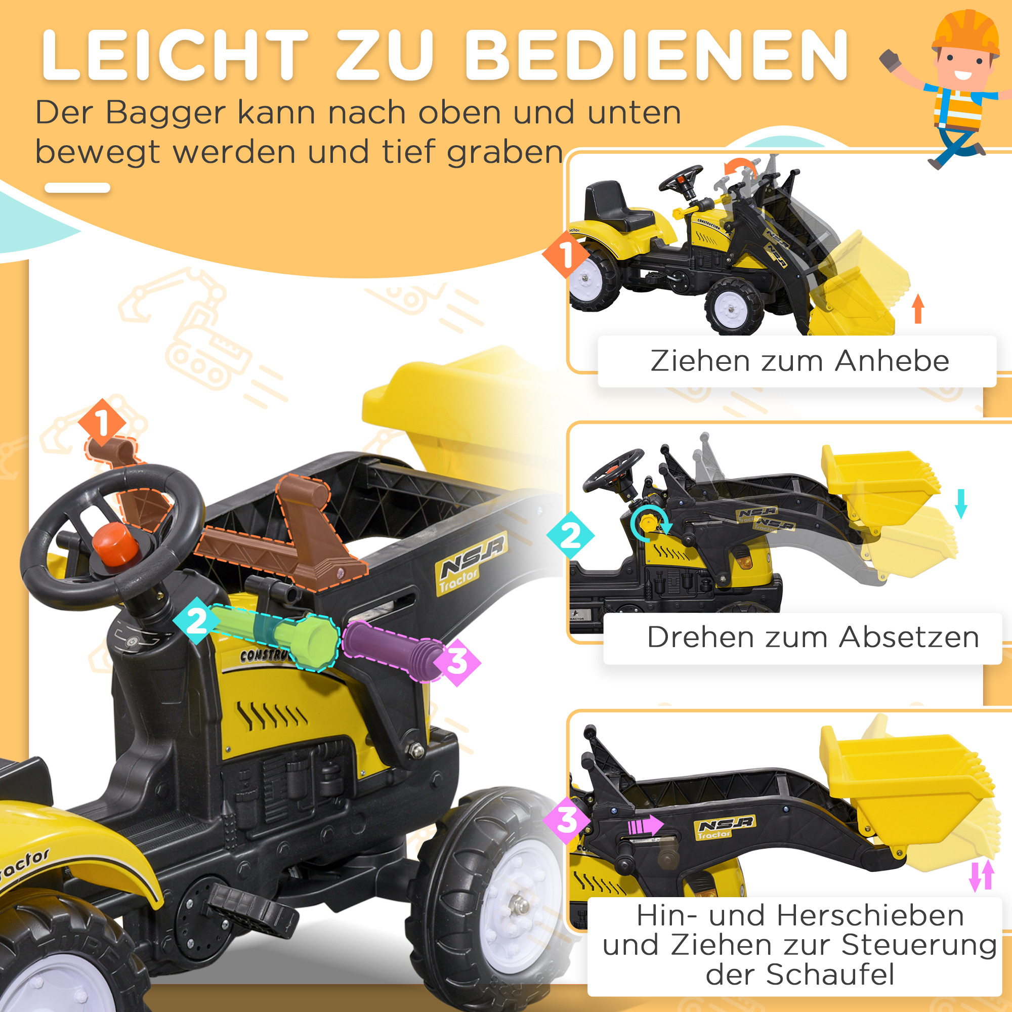 Kinder-Radlader, bewegliche Schaufel, Hupe, Pedalantrieb, ab 3 Jahren, Metallrahmen, gelb, 114 x 41 x 52 cm