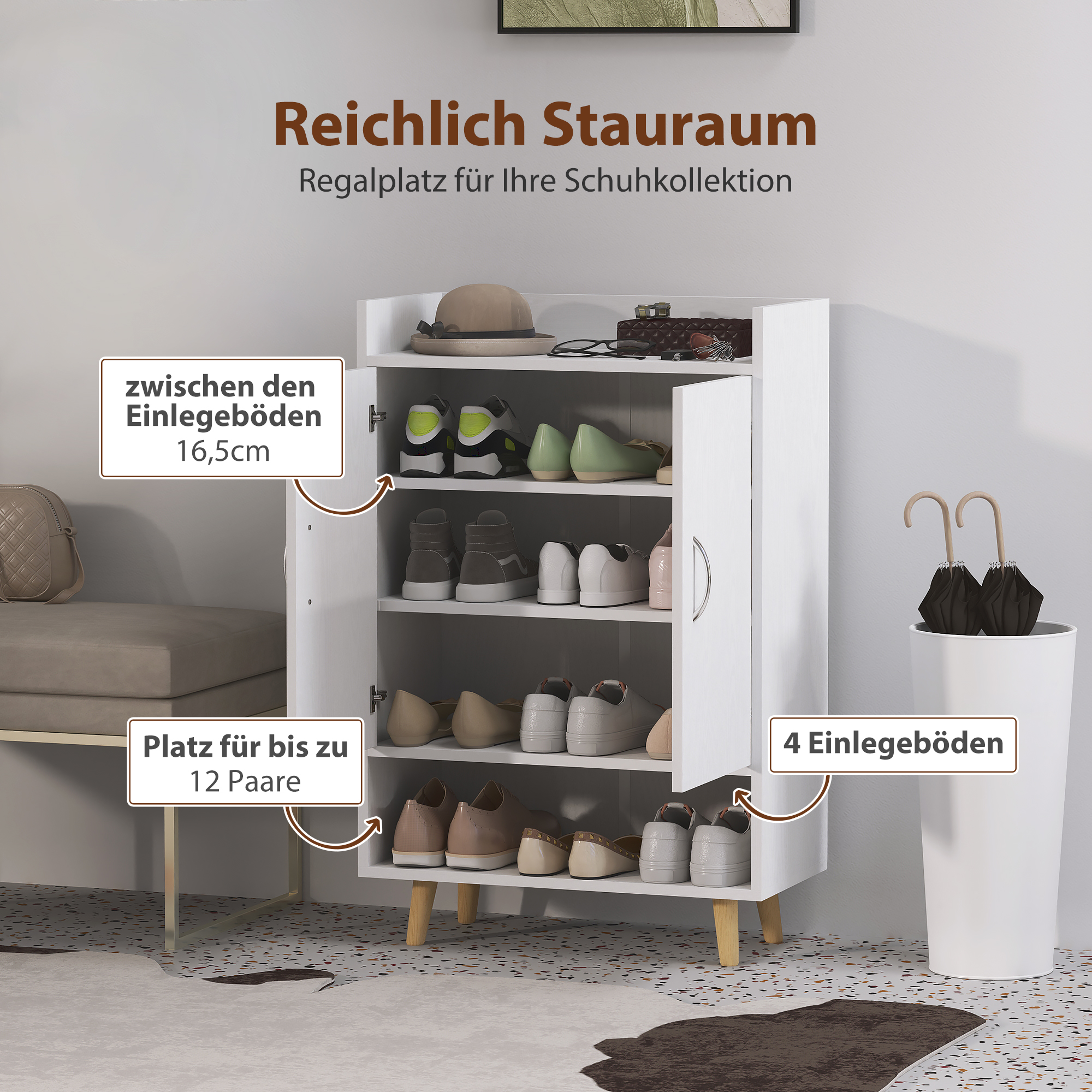 Schuhschrank, Schuhregal mit Türen und Regalen, für Flur, moderne Schuhkommode, Schuhablagen, 60 x 30 x 92 cm, Weiß