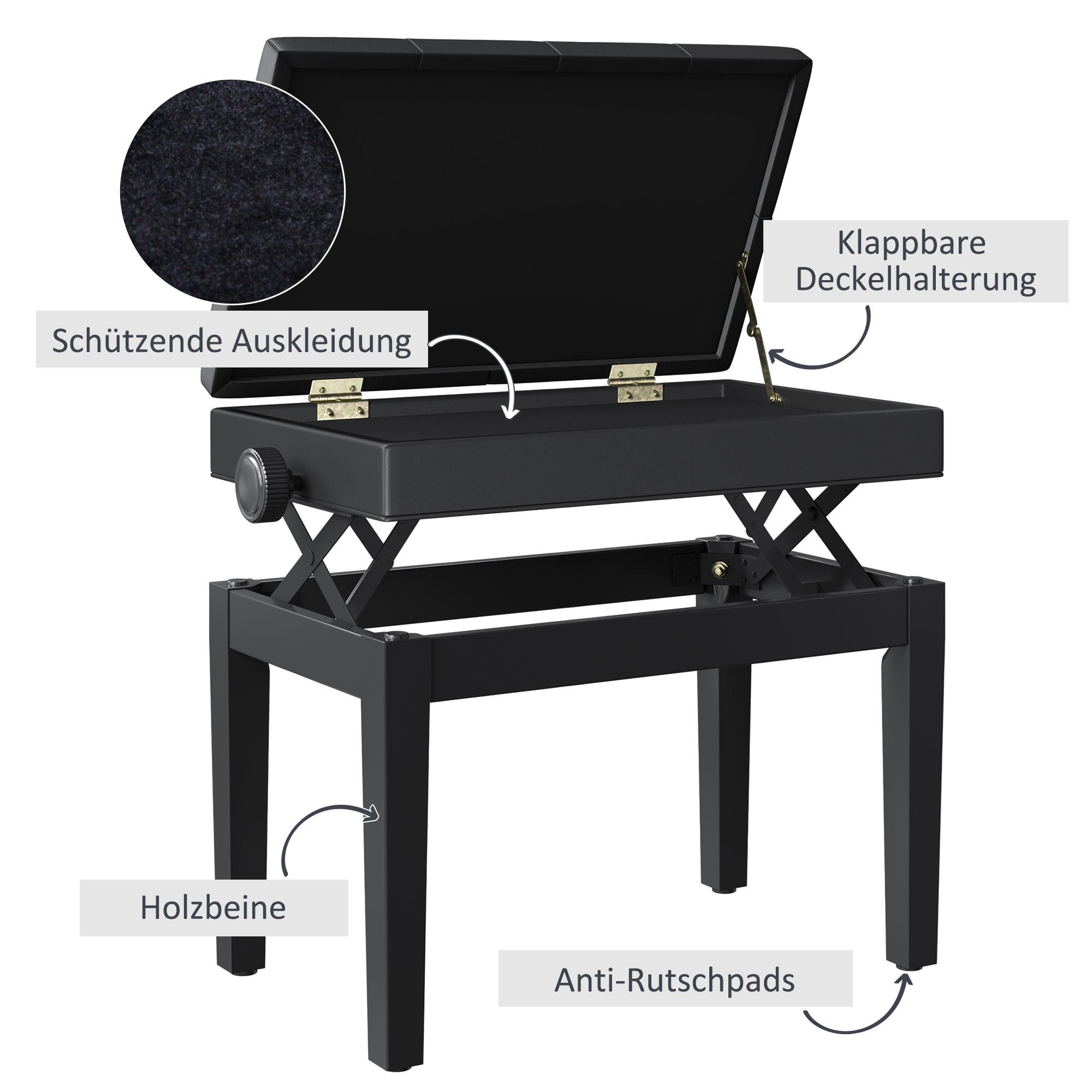 Klavierbank Höhenverstellbar Sitzbank mit Stauraum, Holzbeine, Klavierhocker aus Kunstleder, für Musikzimmer, belastbar bis 200 kg, 54,5 x 33 x 48-58 cm, Schwarz