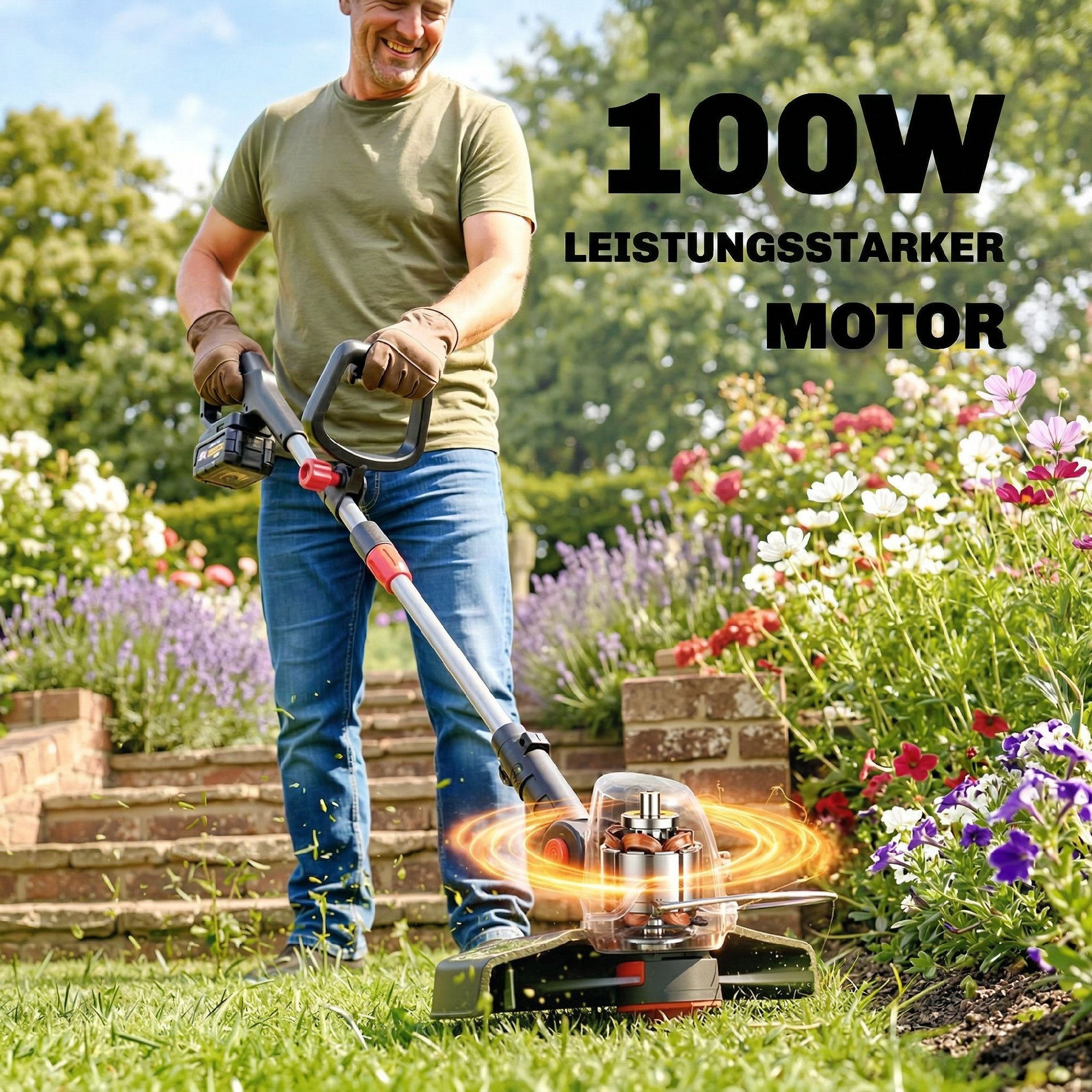 Akku Rasentrimmer 2-in-1 Freischneider mit 30 cm Schnittbreite Verstellbar Griff neigbar Motorkopf für Garten Hof Silber