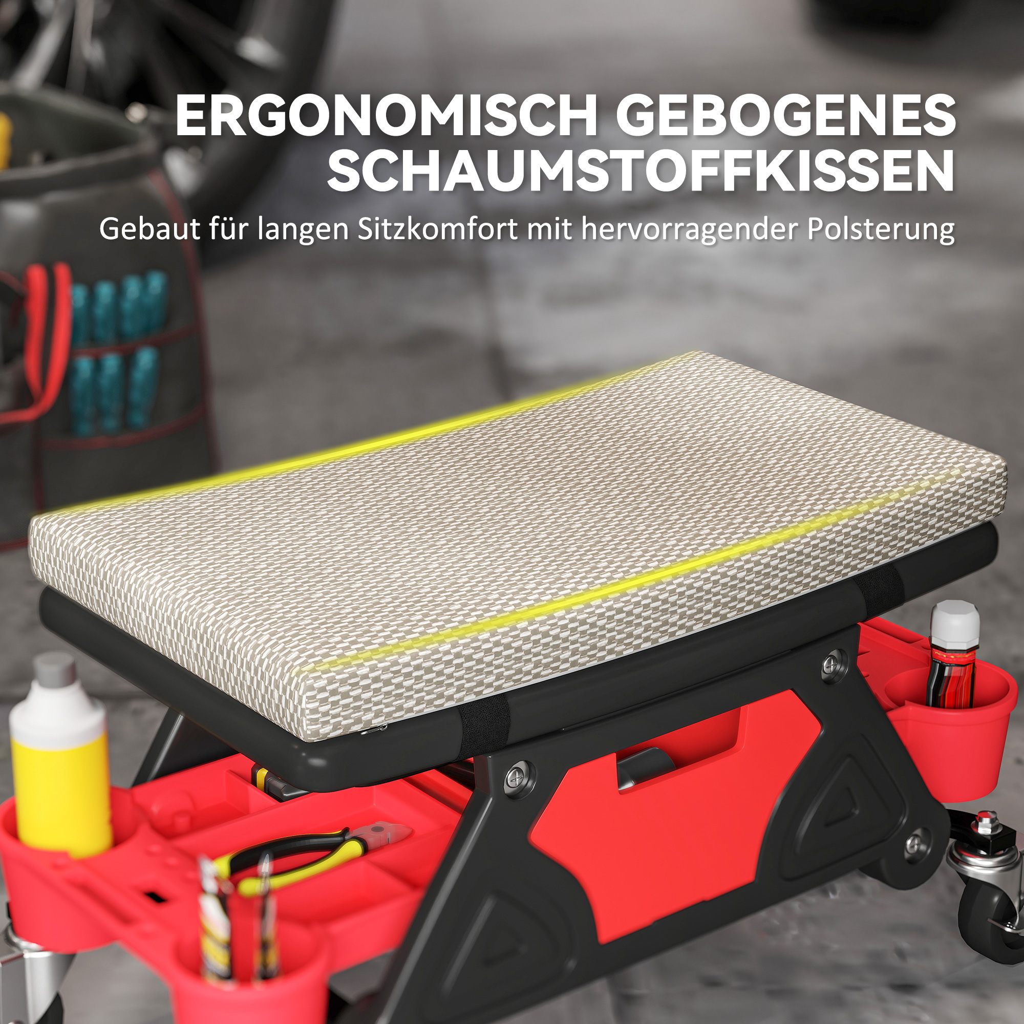 Werkstatthocker mit Rollen Ablagefläche 35cm hoch Rollhocker bis 135 kg belastbar Grau