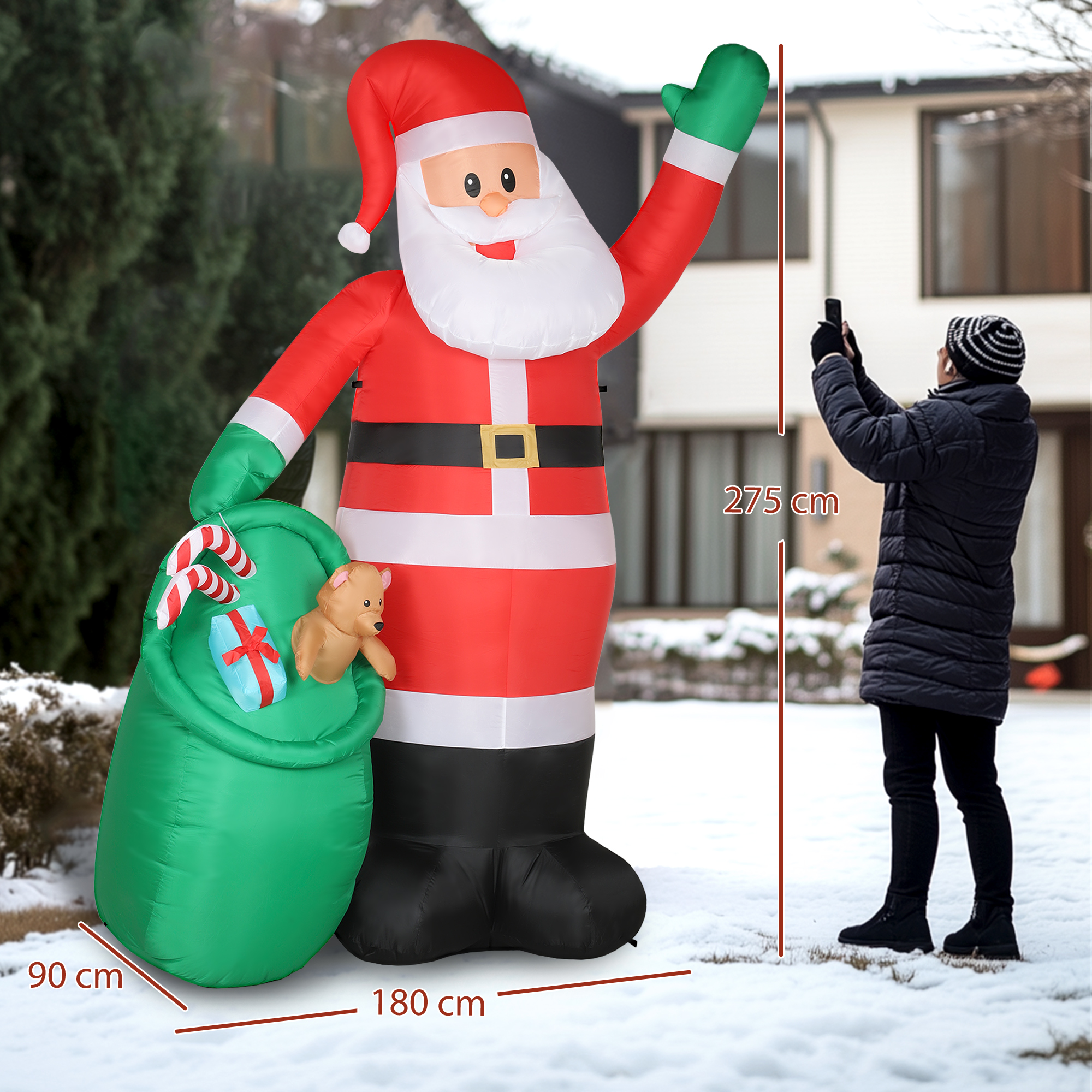 aufblasbarer Weihnachtsmann, 275 cm, mit Sack und Bär, Weihnachtsdeko mit integrierten LED-Lichtern