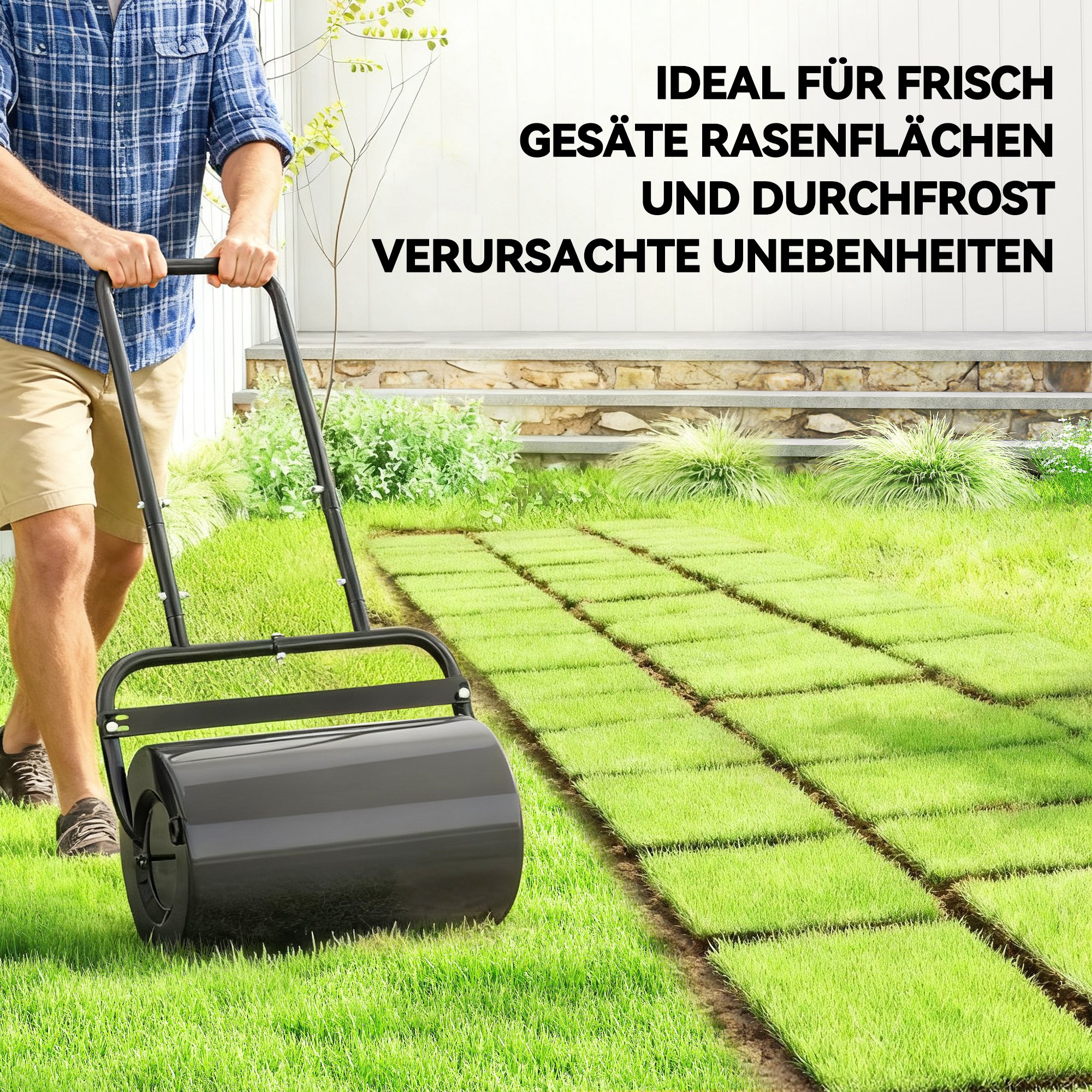 Outsunny Rasenwalze mit U-Griff, Gartenwalze, Gartenrolle, 32 cm Durchmesser, 38 L Wasser-/62 kg Sand, Metall, Schwarz, 58 x 32,5 x 113 cm