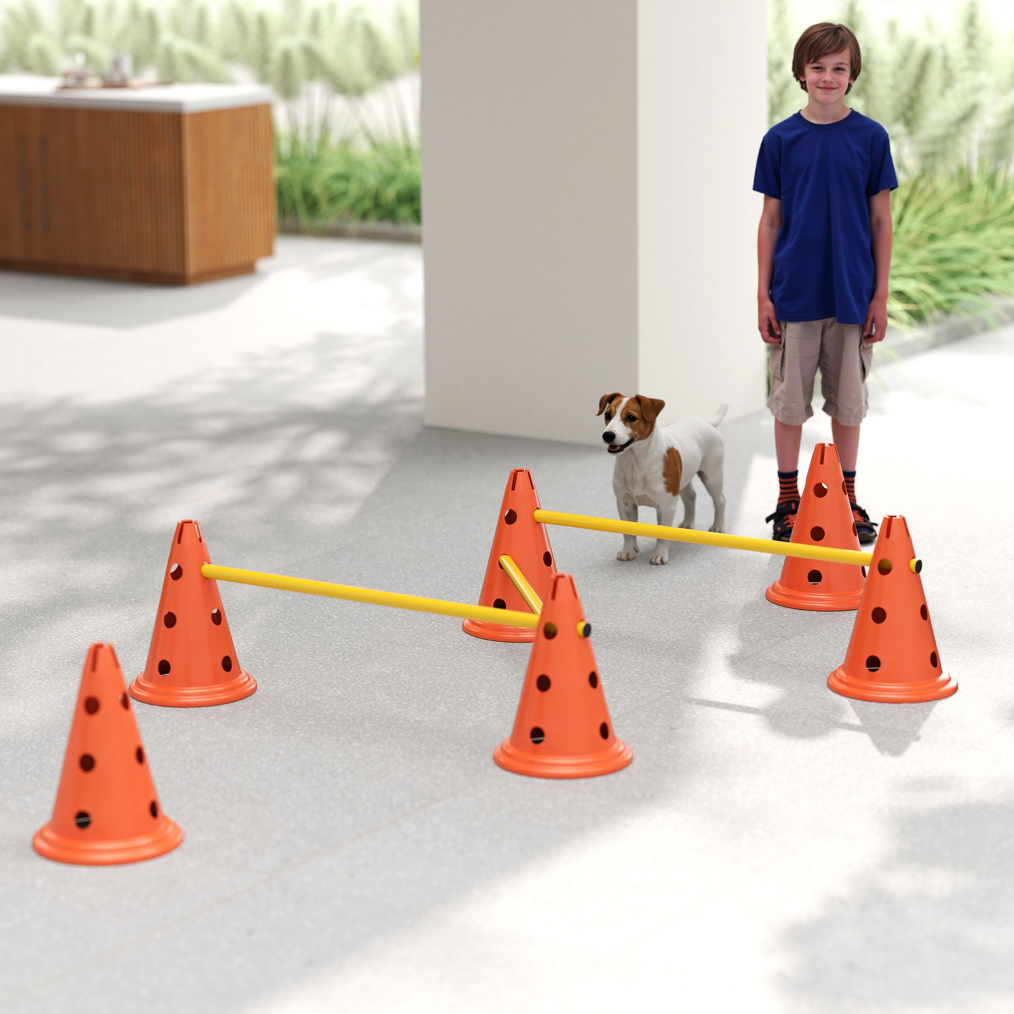 Agility Set Hunde 3-teiliges Agility-Ausrüstung für Hundetraining Steckhürdenset mit 6 Kegel 3 Hürden Tragetasche