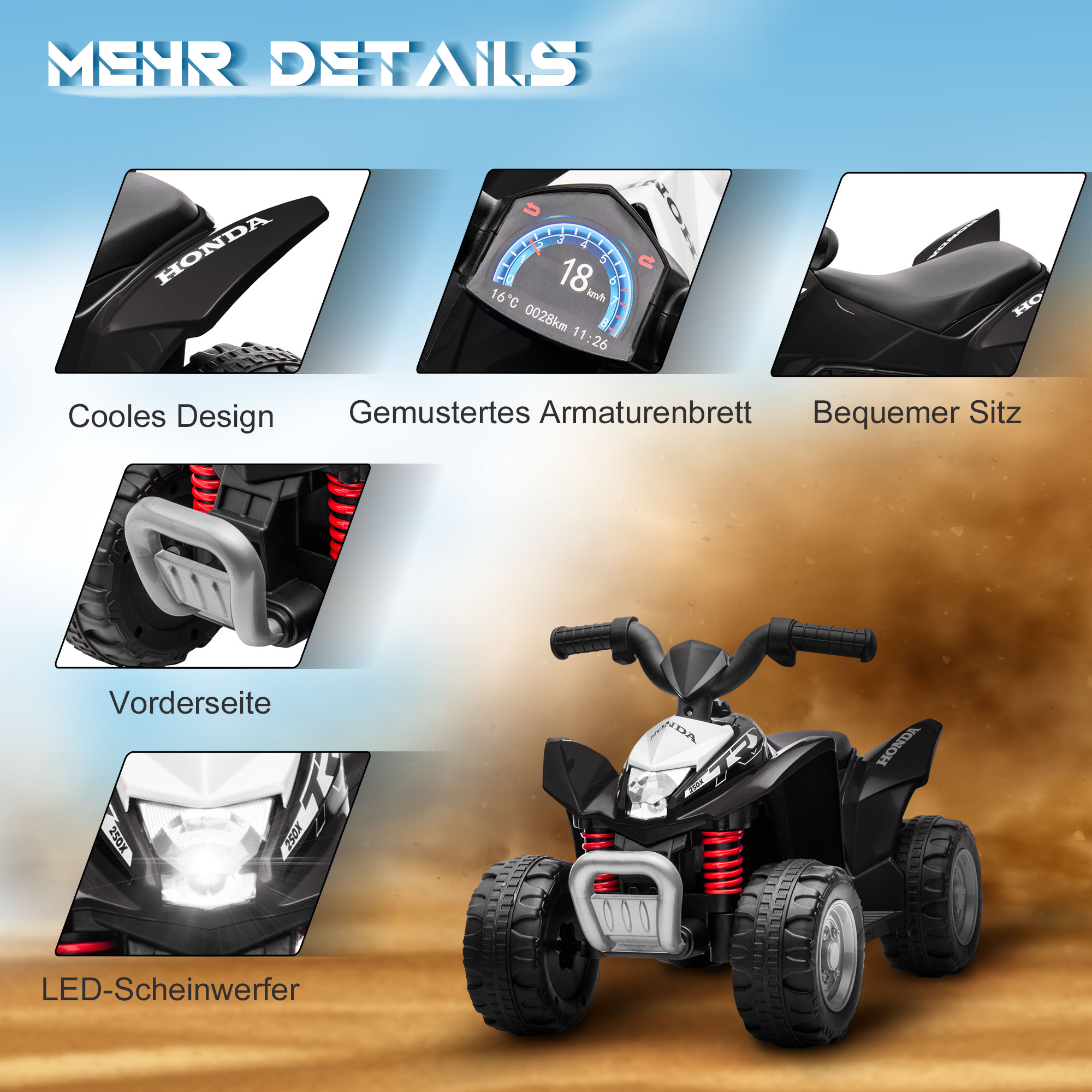 Kinderquad, 2,8 km/h, LED-Scheinwerfer, für 1,5-3 Jahre, schwarz, 65,5 x 38,5 x 43,5cm