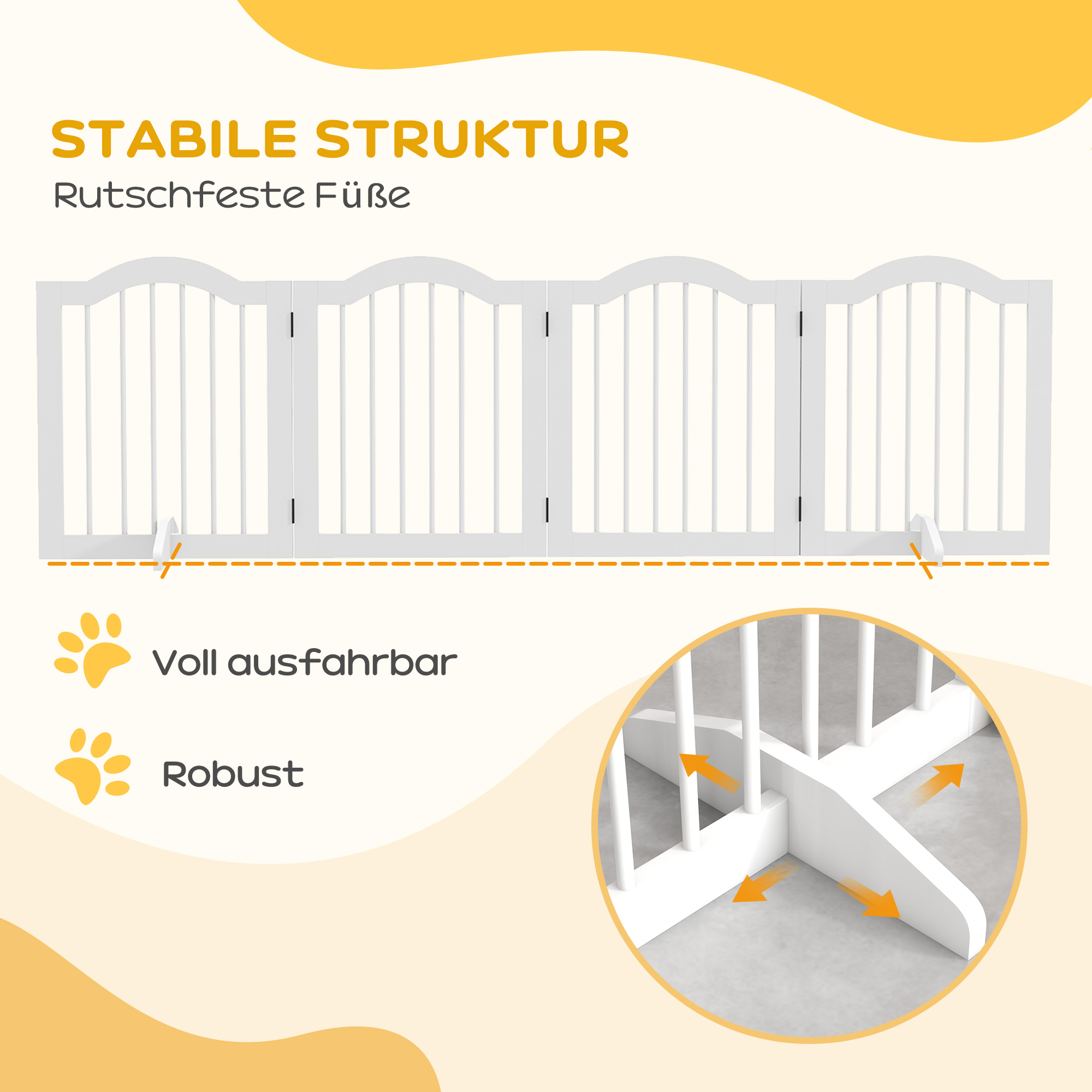 Faltbares Hunde-Absperrgitter, 4 Paneele, für Treppen, Flure, Türen, MDF/Massivholz, Weiß