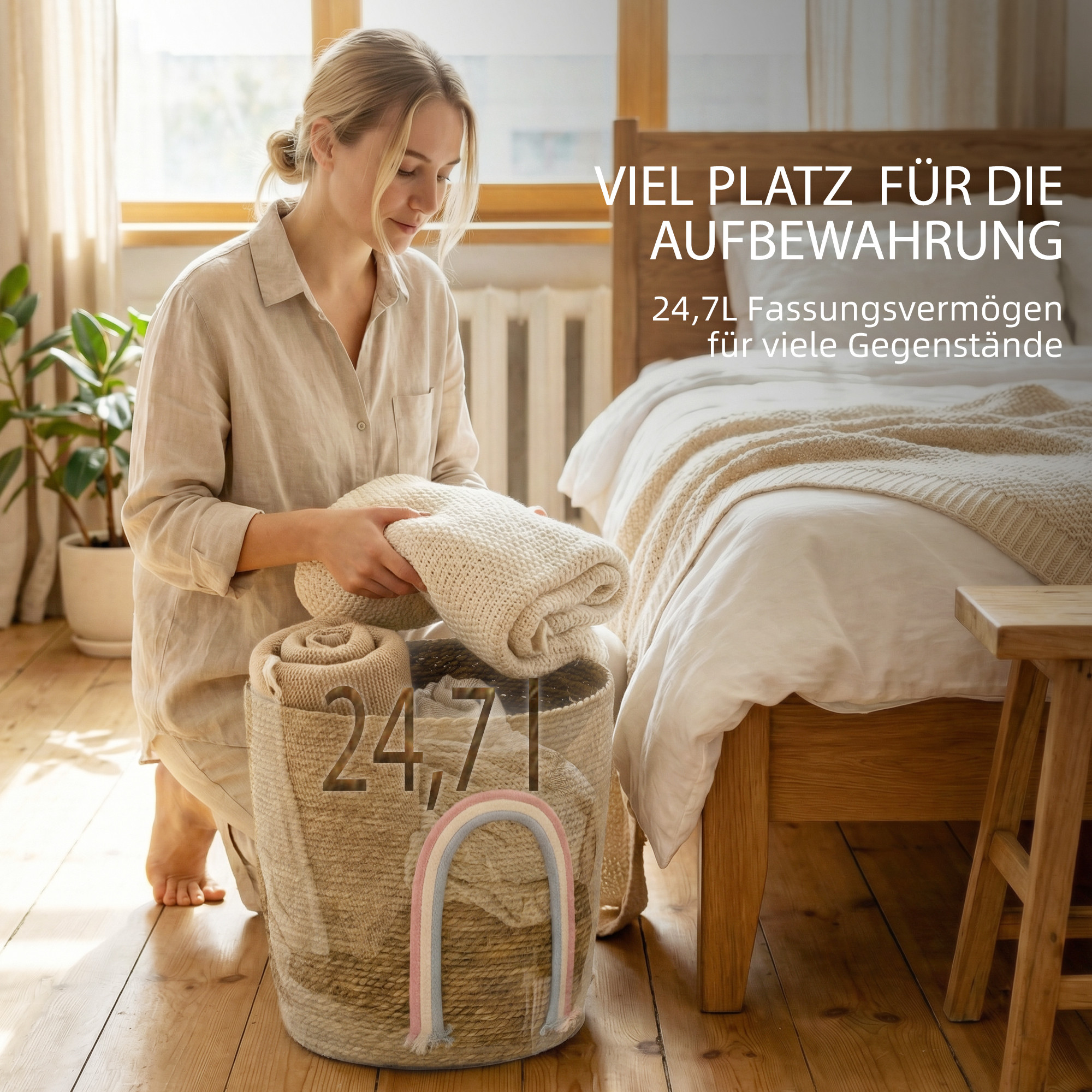 24,7L Aufbewahrungskorb mit Regenbogen-Dekoration, großer geflochtener Korb für Badezimmer, Schlafzimmer, Natur