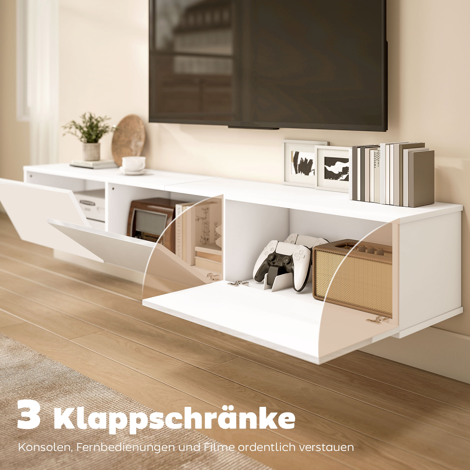 Schwebender TV-Schrank, Wandmontage, 3 Schubladen, viel Stauraum, 180 cm, Weiß