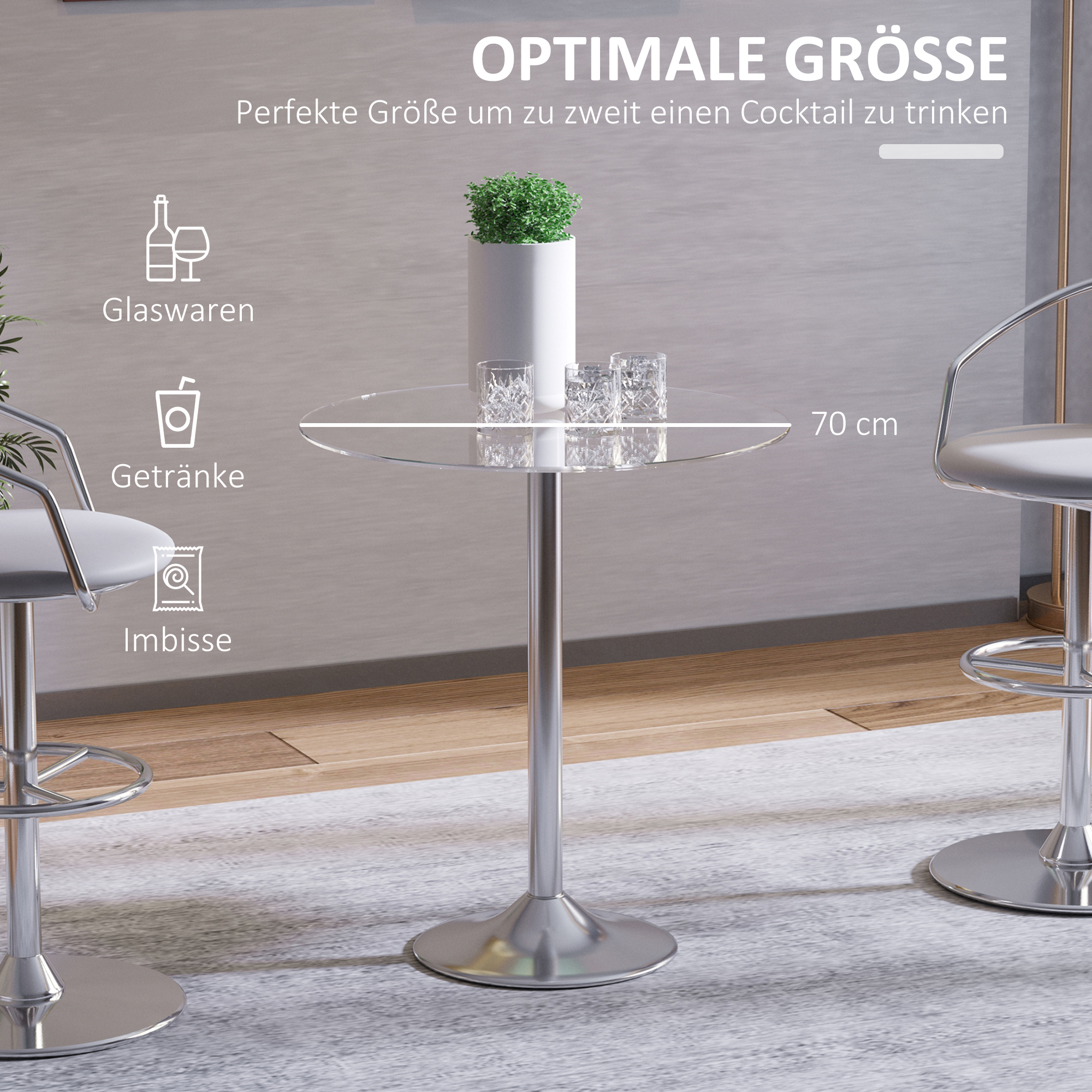 runder Esstisch mit Glastischplatte, Metallgestell, Silberfarben