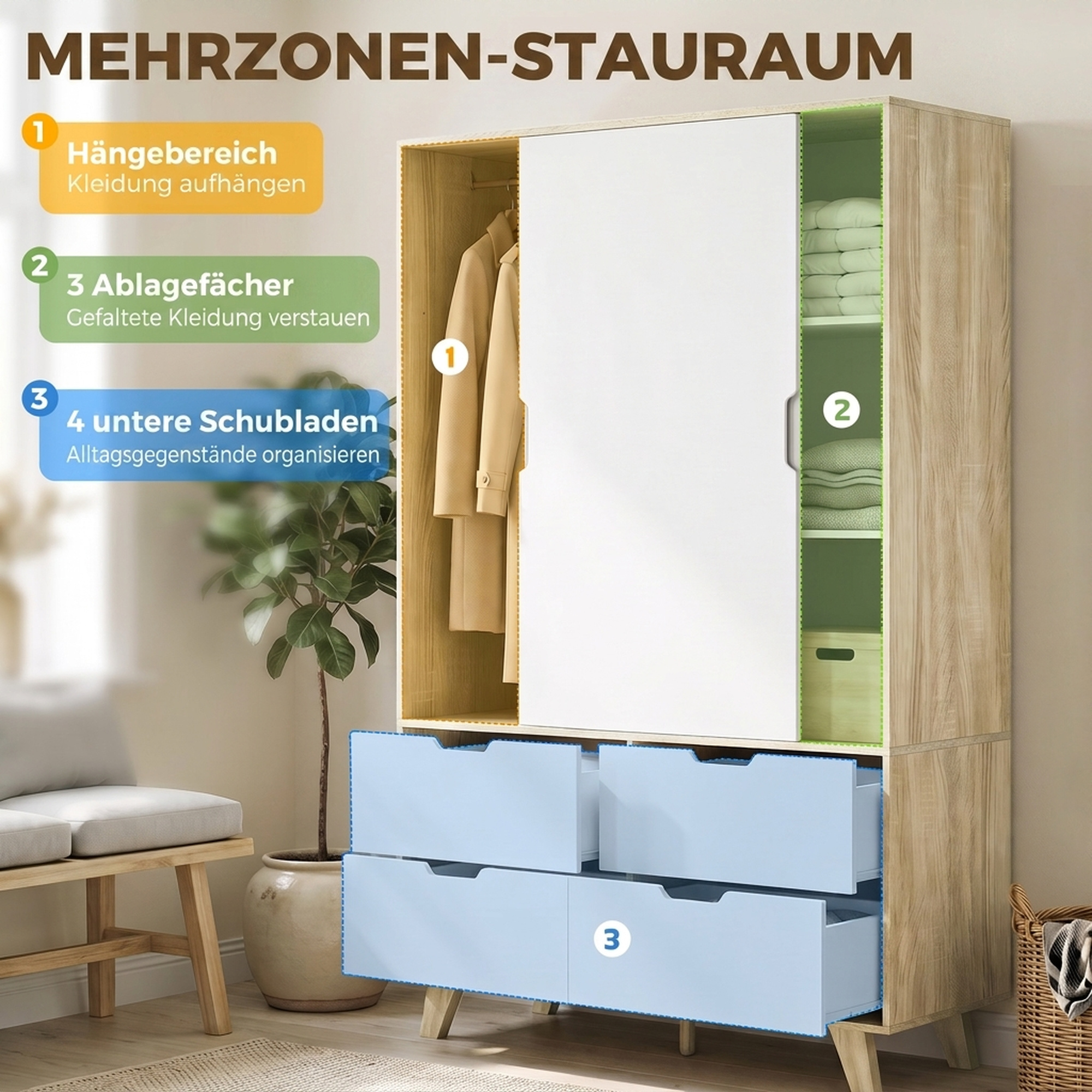 Moderner Kleiderschrank mit Schiebetüren, Kleiderstange, verstellbaren Böden und 4 Schubladen, Eiche/Weiß
