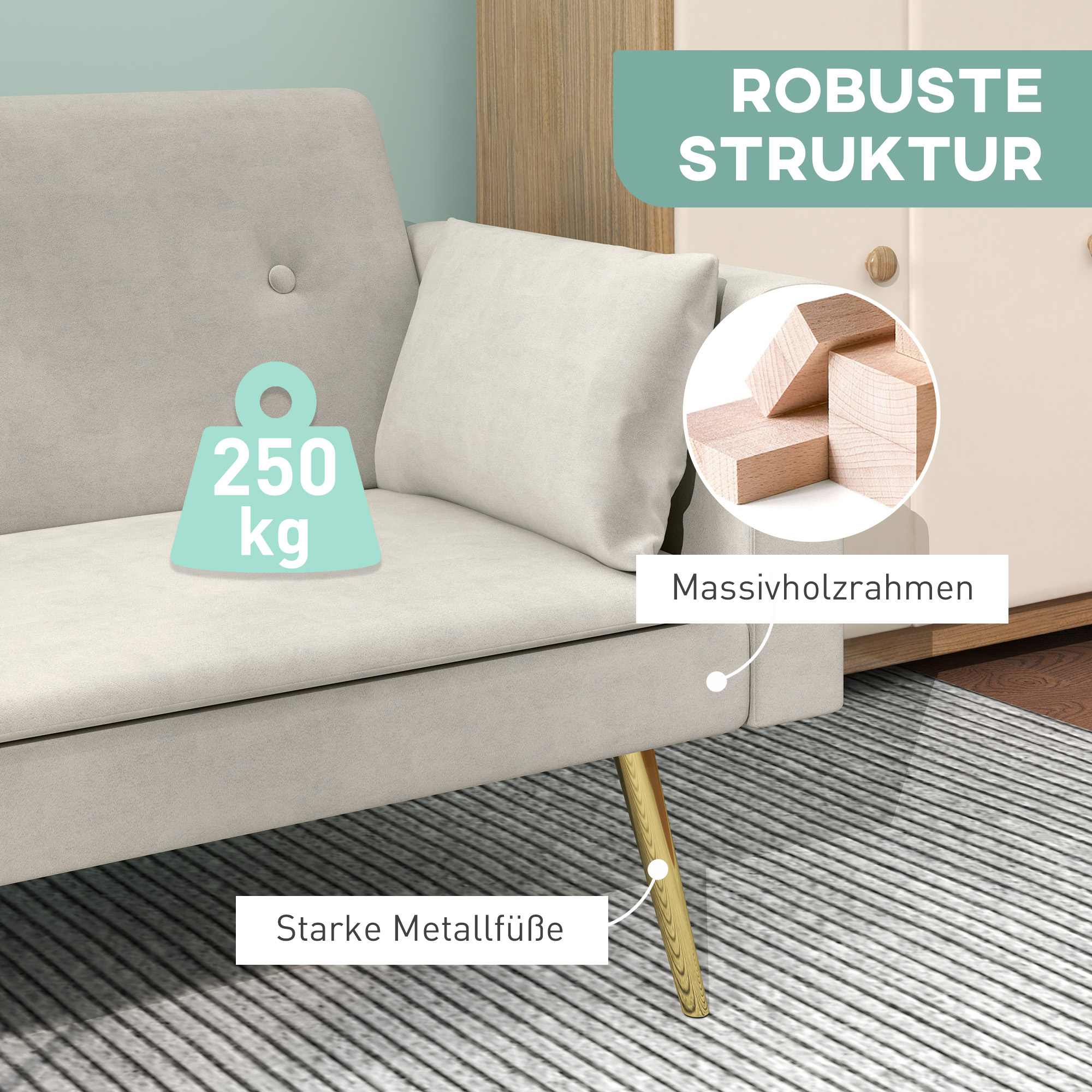2-Sitzer Bettsofa, Verstellbare Rückenlehne, weiche Kissen, samtartiger Bezug, für Wohnzimmer, Gästezimmer, Beige