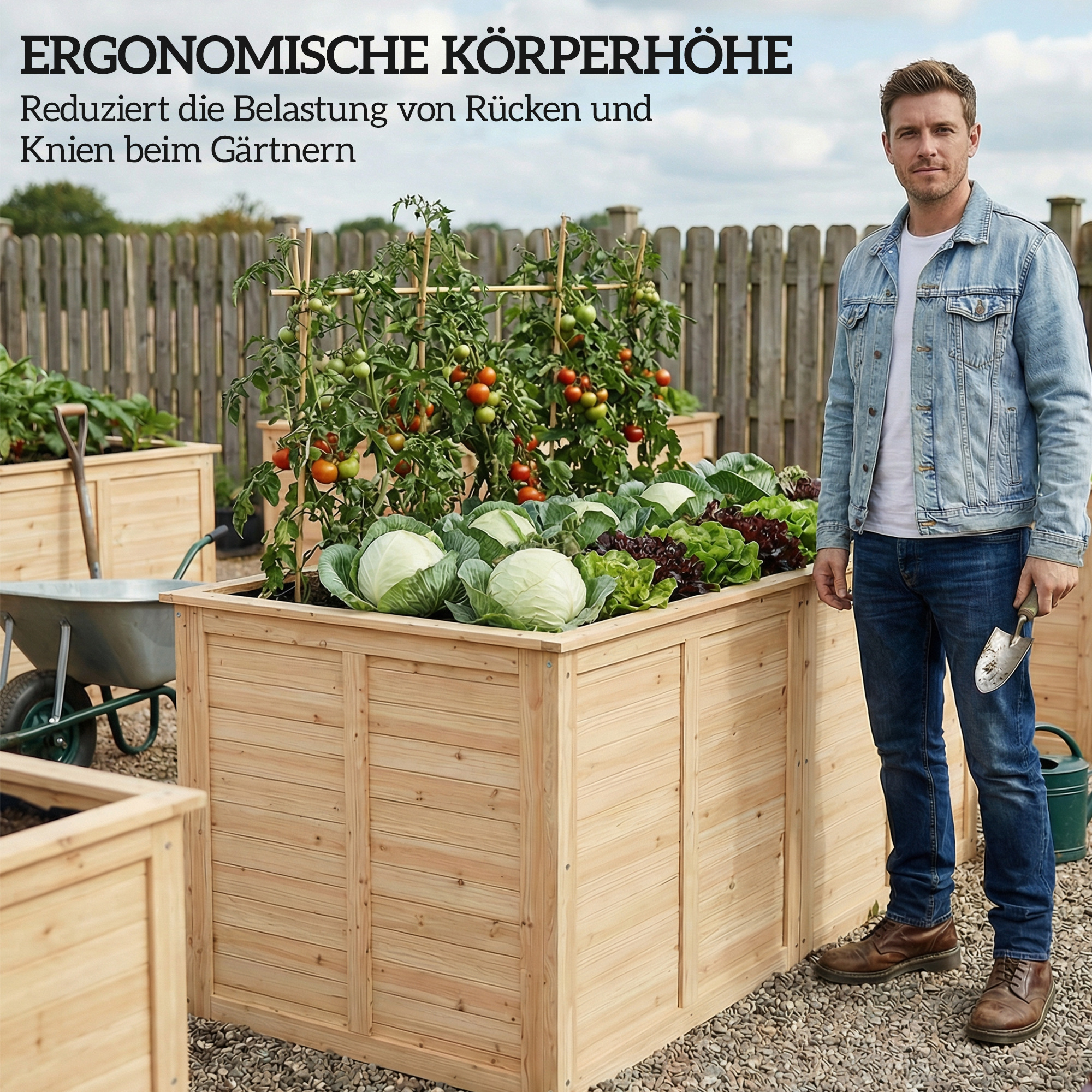 Hochbeet Holz 152 x 77 x 77 cm erhöhtes Tief Kräuterbeet mit Offenem Boden Verstärkungsstangen
