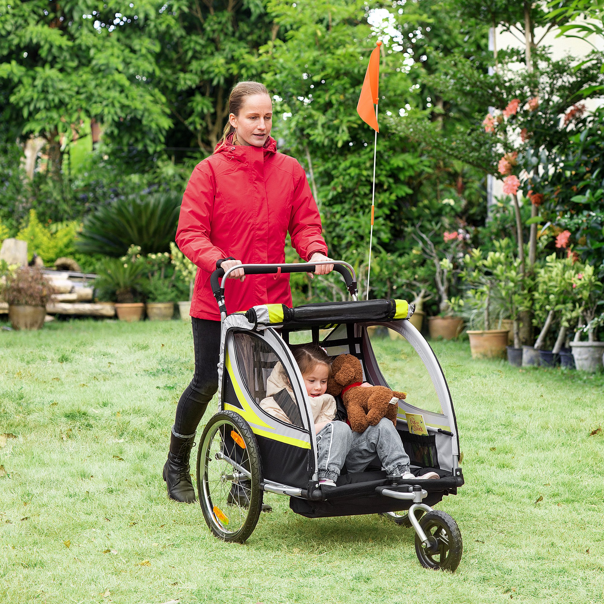 2-in-1 Fahrradanhänger für 2 Kinder, Schiebefunktion, Regenschutz, Bremse, Gelb