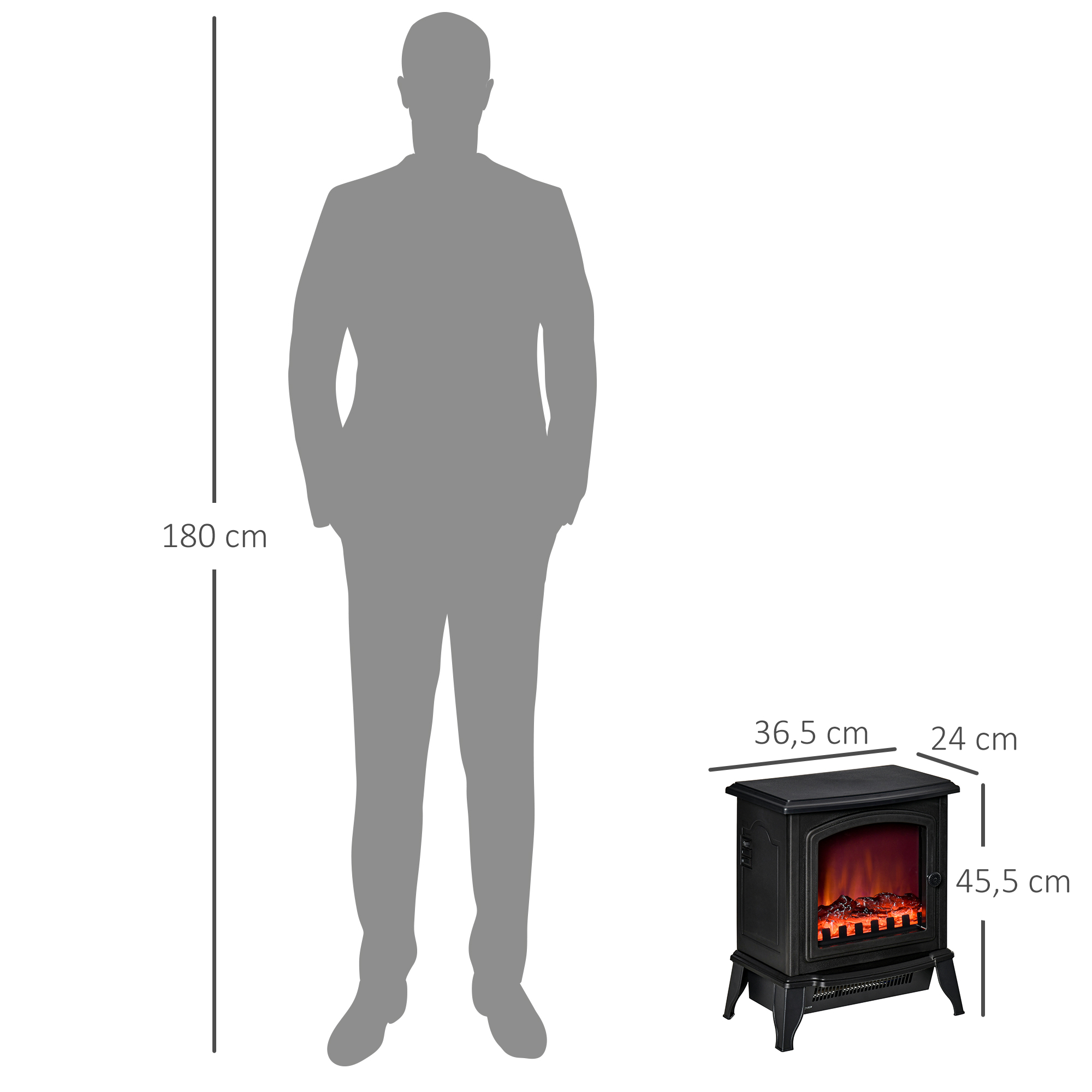 Elektrokamin freistehend, Flammeneffekt, 2 Heizmodi 1000W/2000W, gehärtetes Glas, Schwarz, 36,5x24x45,5 cm