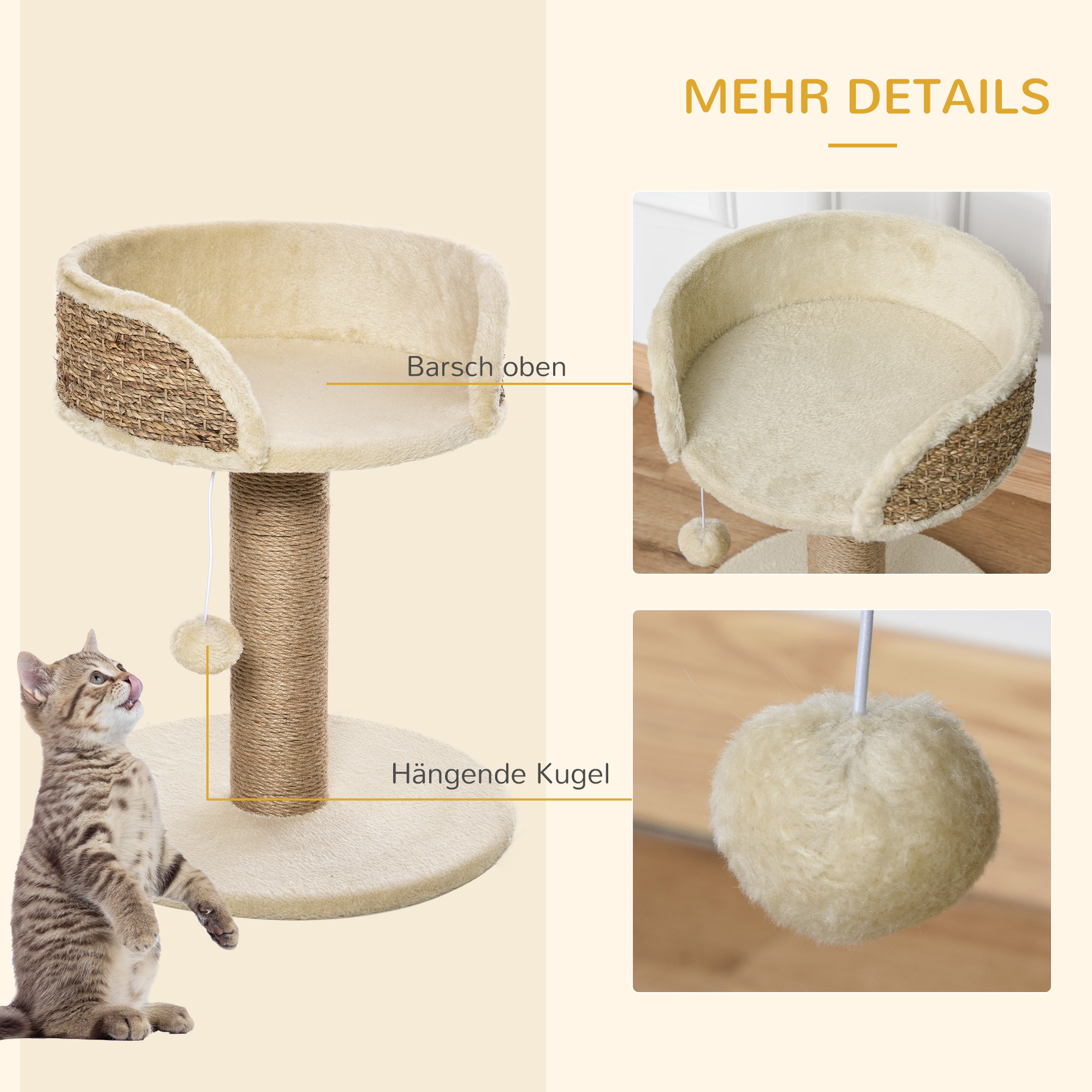 Kratzbaum Katzenbett Katzenkorb, inkl. Spielball, 40 cm x 40  cm x 49cm, Natur + Cremeweiß