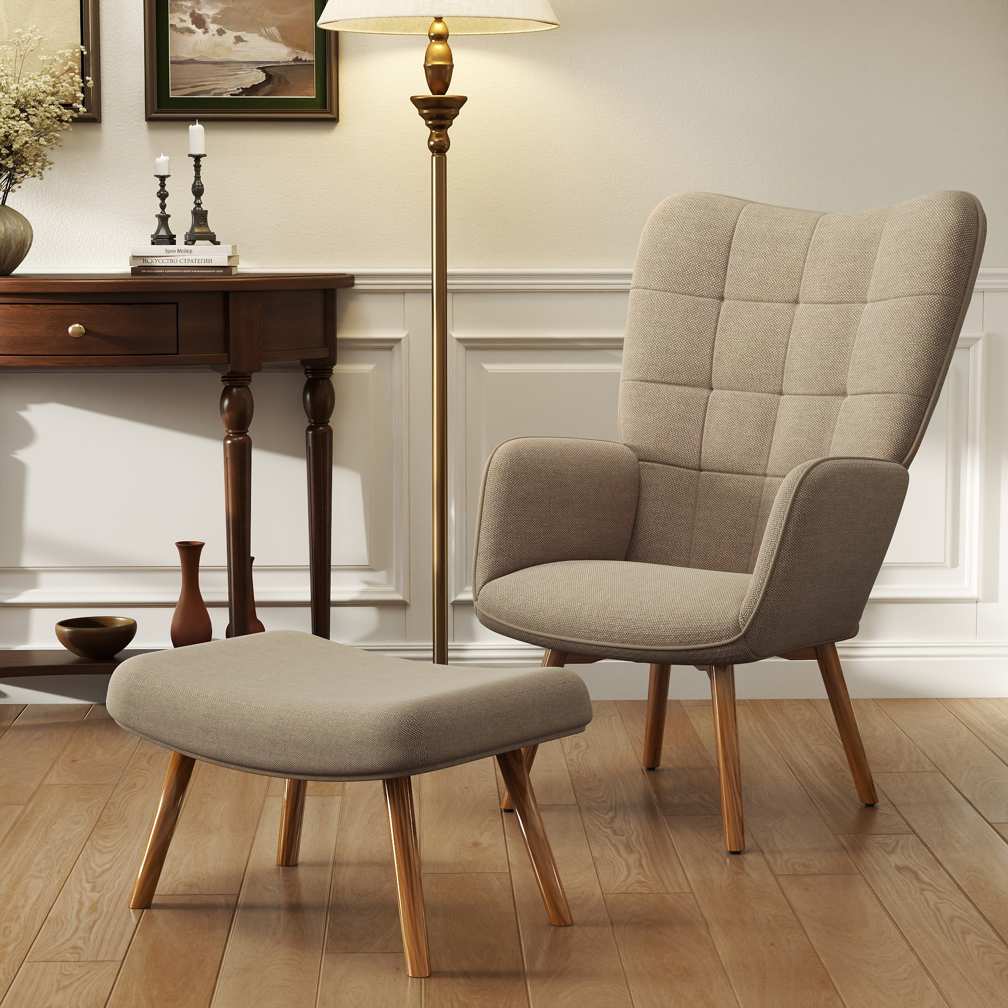 Akzentsessel mit Hocker, Relaxsessel in Cord-Optik, Armlehnstuhl mit Holzbeinen, für Wohnzimmer, Hellbraun