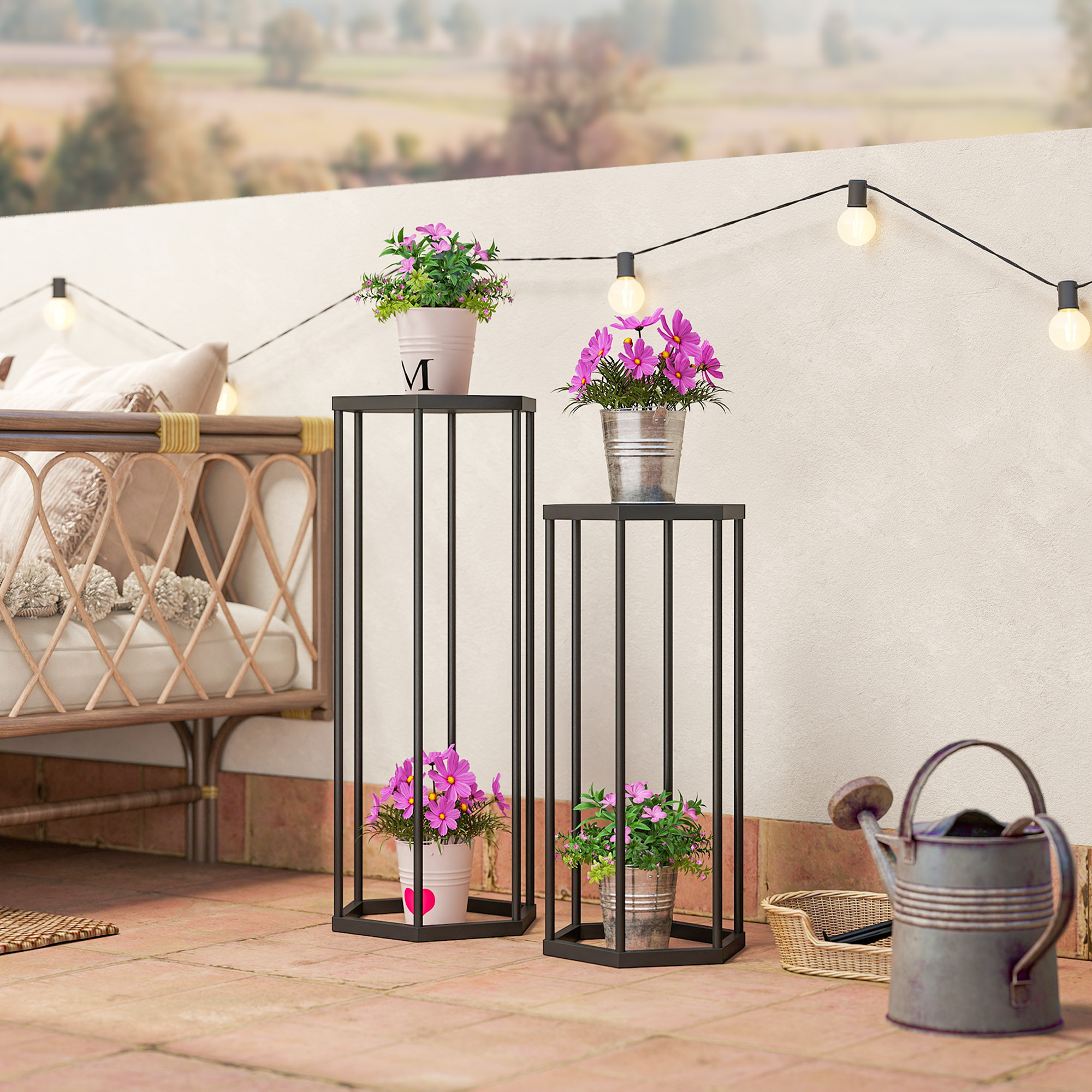 2er-Set Pflanzständer für Innen- und Außenbereich, Hexagonale Metall-Blumentopfhalter für Garten, Terrasse, Balkon