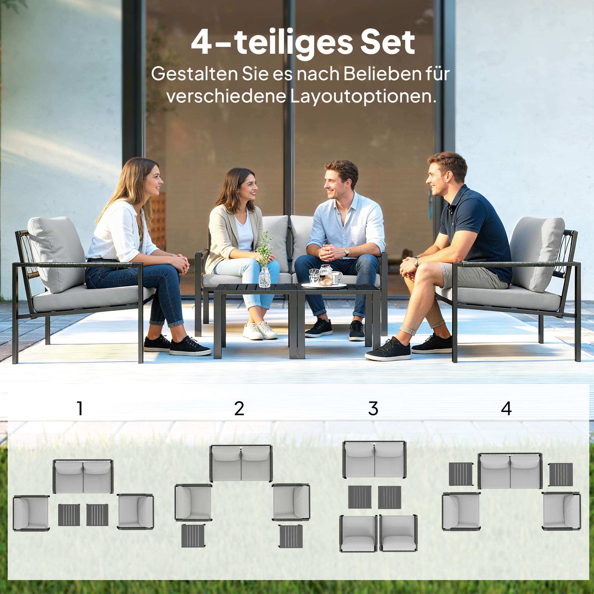 Gartenmöbel Set 4 Personen wetterfest Balkonmöbel-Set mit 2er Sofa, Sessel Sitzkissen Beistelltisch Hellgrau