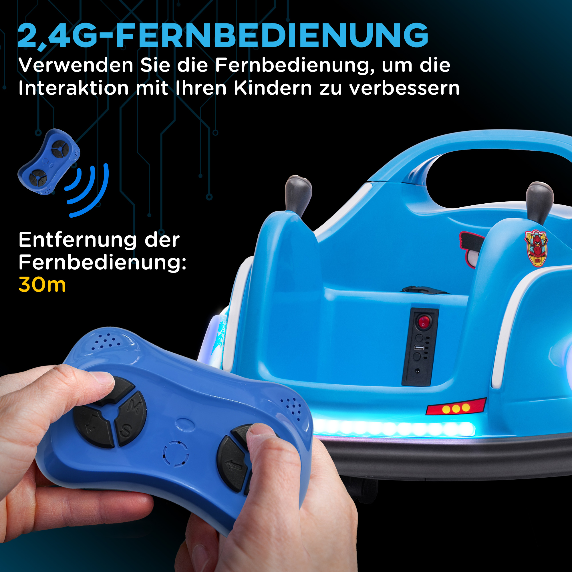 Kinder-Autoscooter, 360°-Drehung, für 3-5 Jahre, mit Fernbedienung, Musik, Blau