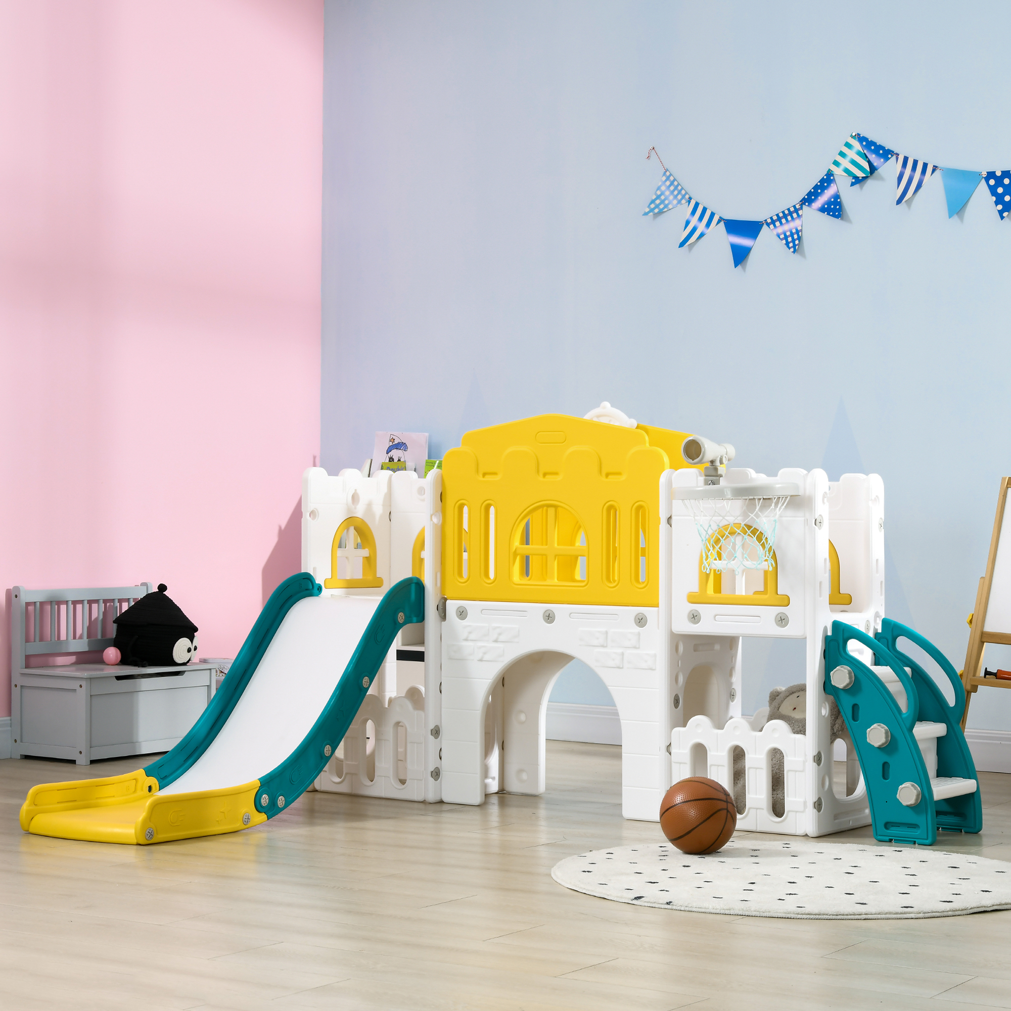 Kinderrutsche, 7-in-1 Spielgerüst, mit Basketball & Lenkrad, für 1-3 Jahre, 178x177x99cm, Gelb/Weiß/Grün