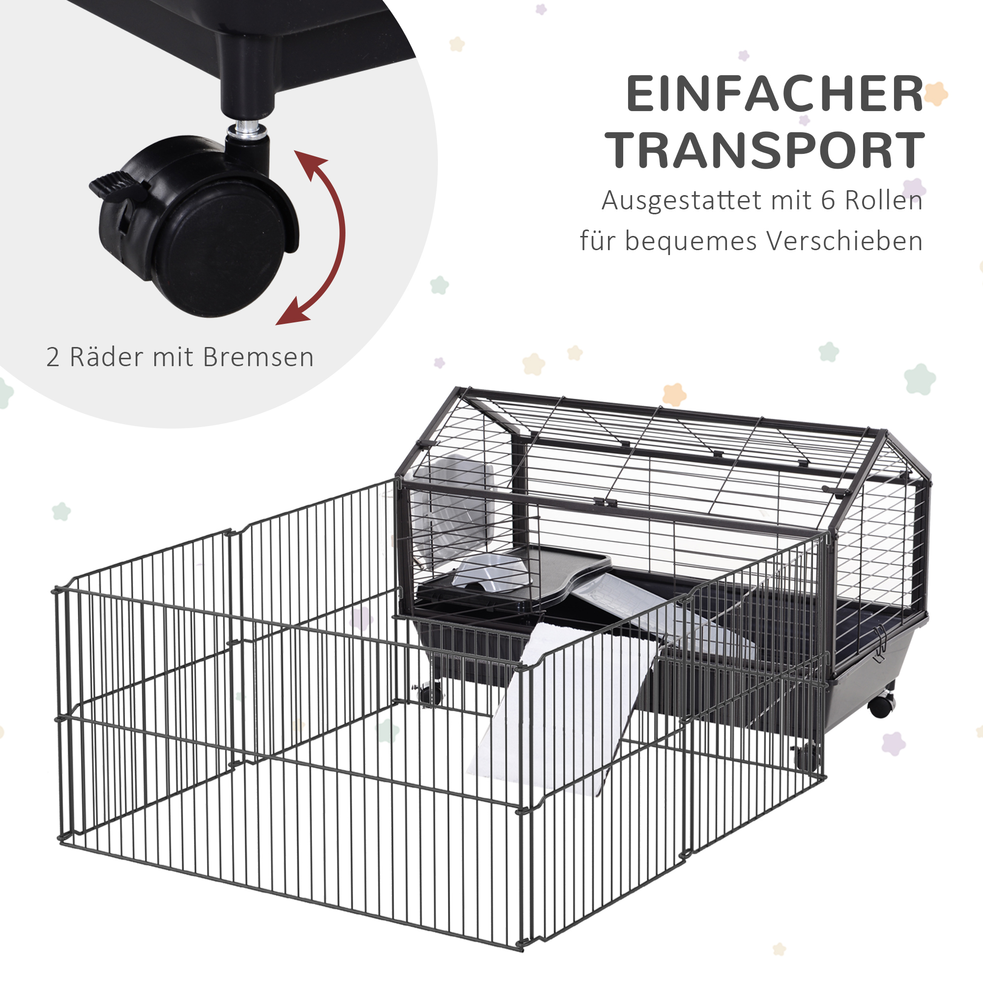 Kleintierkäfig mit Freigehege inkl. Zubehör 88 cm x 128,5 cm x 56 cm  4 Rollen Schwarz Metall Polypropylen