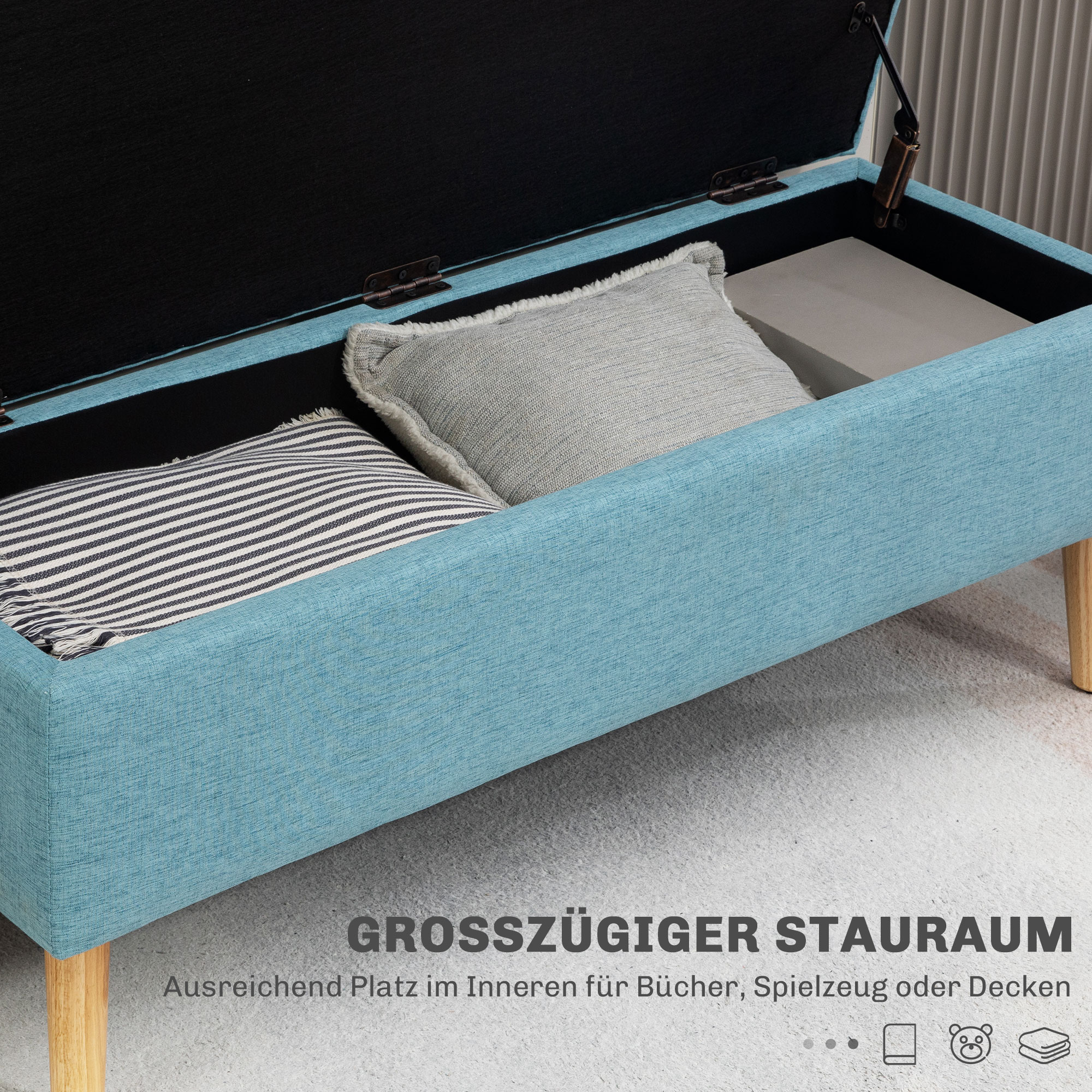 Sitzbank mit Stauraum, bis 220 kg, Leinenoptik, 110x39x45cm, Blau
