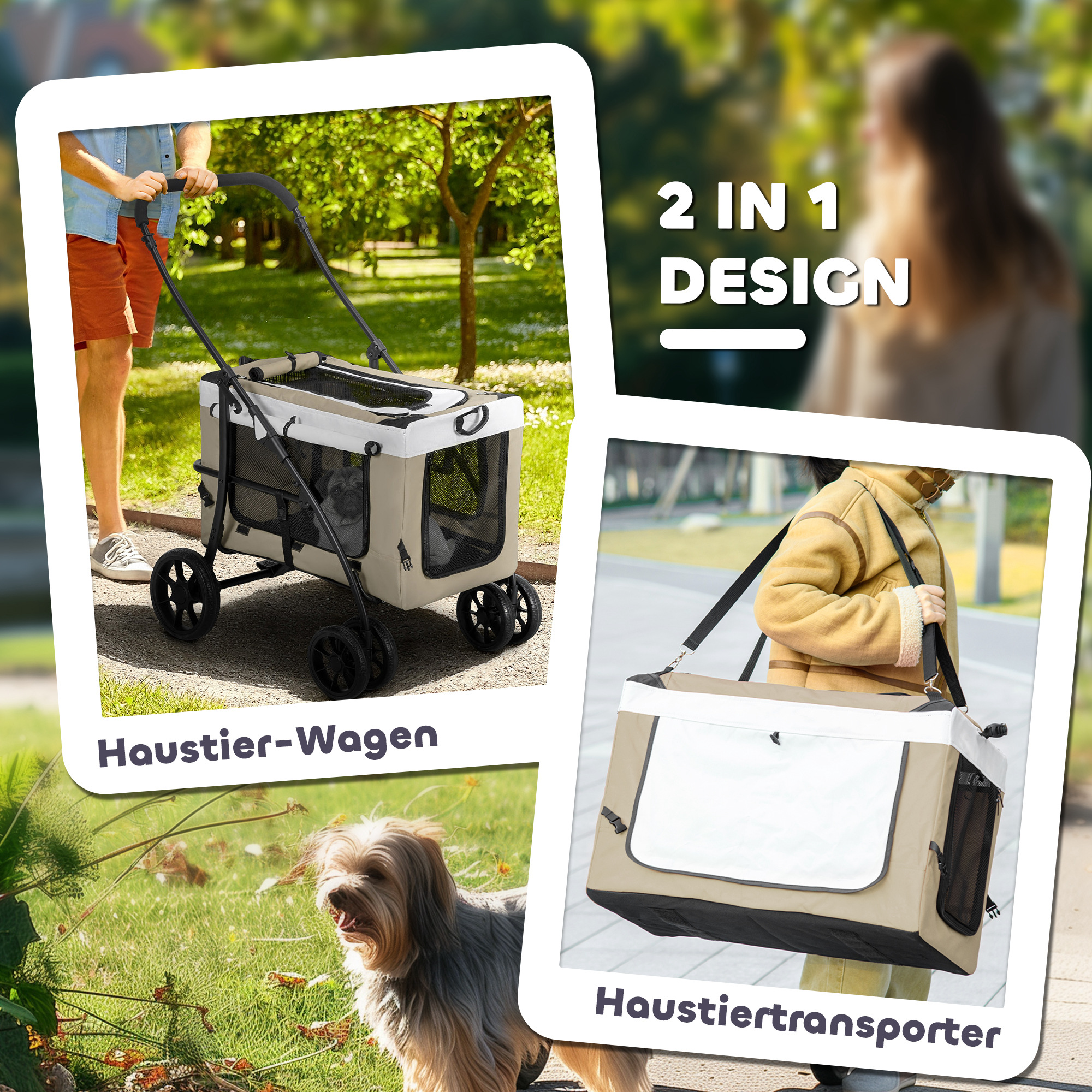 Hundbuggy Haustierbuggy Hundewagen, klappbar, abnehmbarer Korb, 81 x 58 x 97,5 cm, Schwarz+Khaki+Weiß