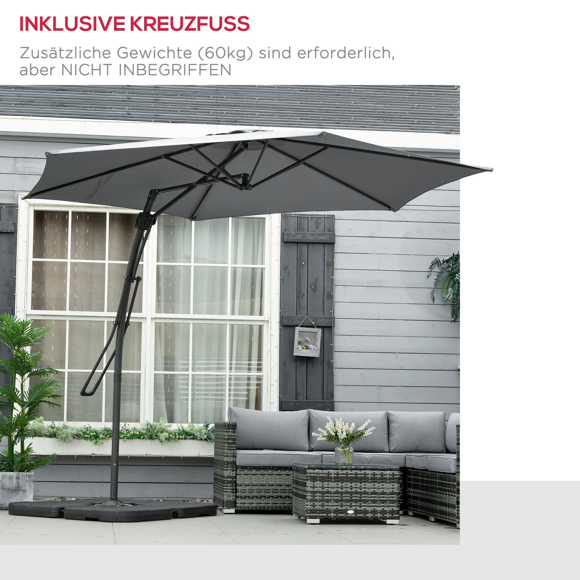 Ampelschirm Ø293cm Sonnenschirm mit Seitenhebel Kreuzbasis, Windschutz Wasserabweisend Dunkelgrau