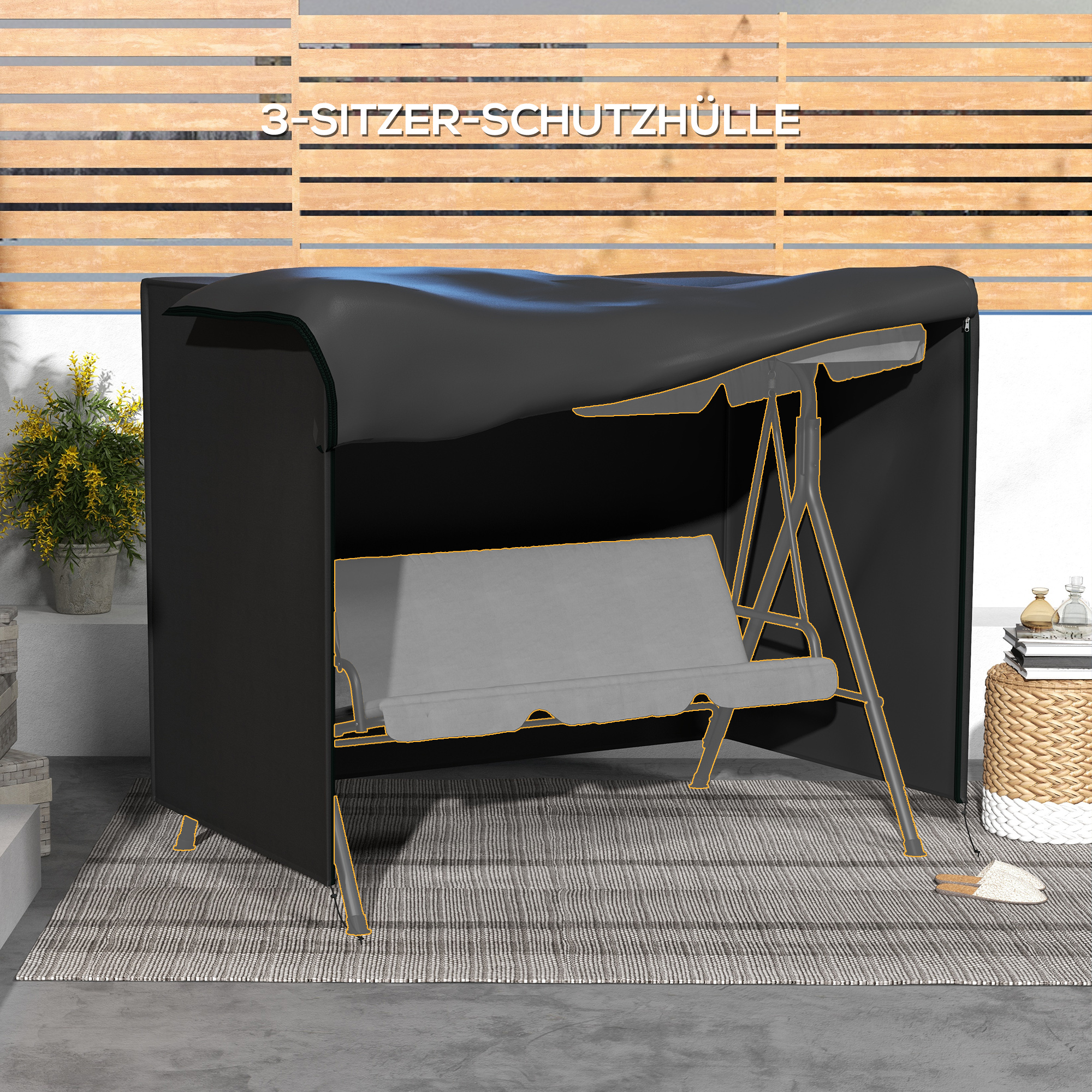 Abdeckung für Gartenschaukel, Schutzhülle für Hollywoodschaukel, Abdeckhaube, wasserfest, 205 x 124 x 164 cm, Schwarz