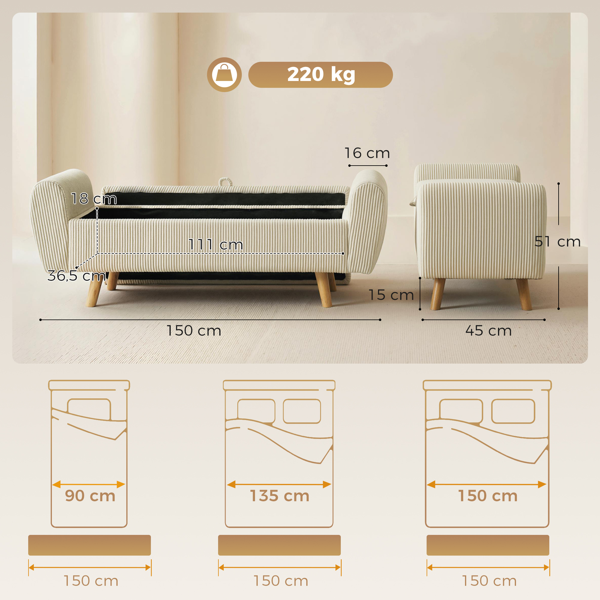 Sitzbank mit Stauraum, Polsterbank mit Cord-Optik, Holzfüßen und Gerollten Armlehnen, Beige