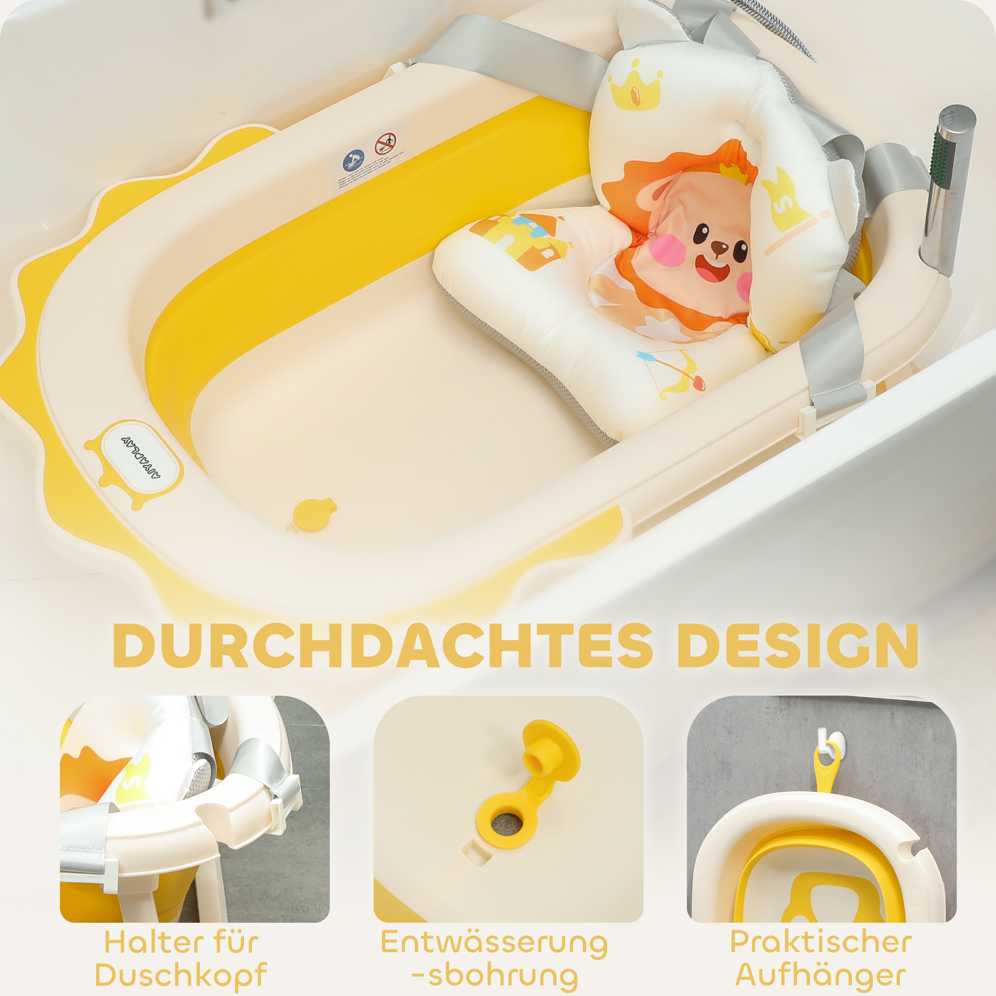 Babybadewanne mit Waschbecken, faltbar, rutschfester Boden, komfortables Badekissen, Gelb