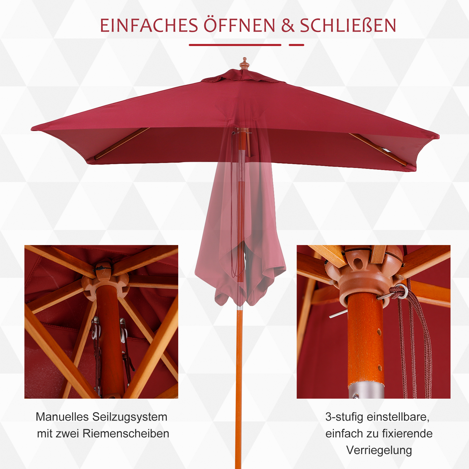 Sonnenschirm 200 x 150 x 235 cm Knickbarer Gartenschirm 3-stufig einstellbar rechteckig Strandschirm wasserabweisend und UV-beständig für Strand Balkon Terrasse Garten Weinrot