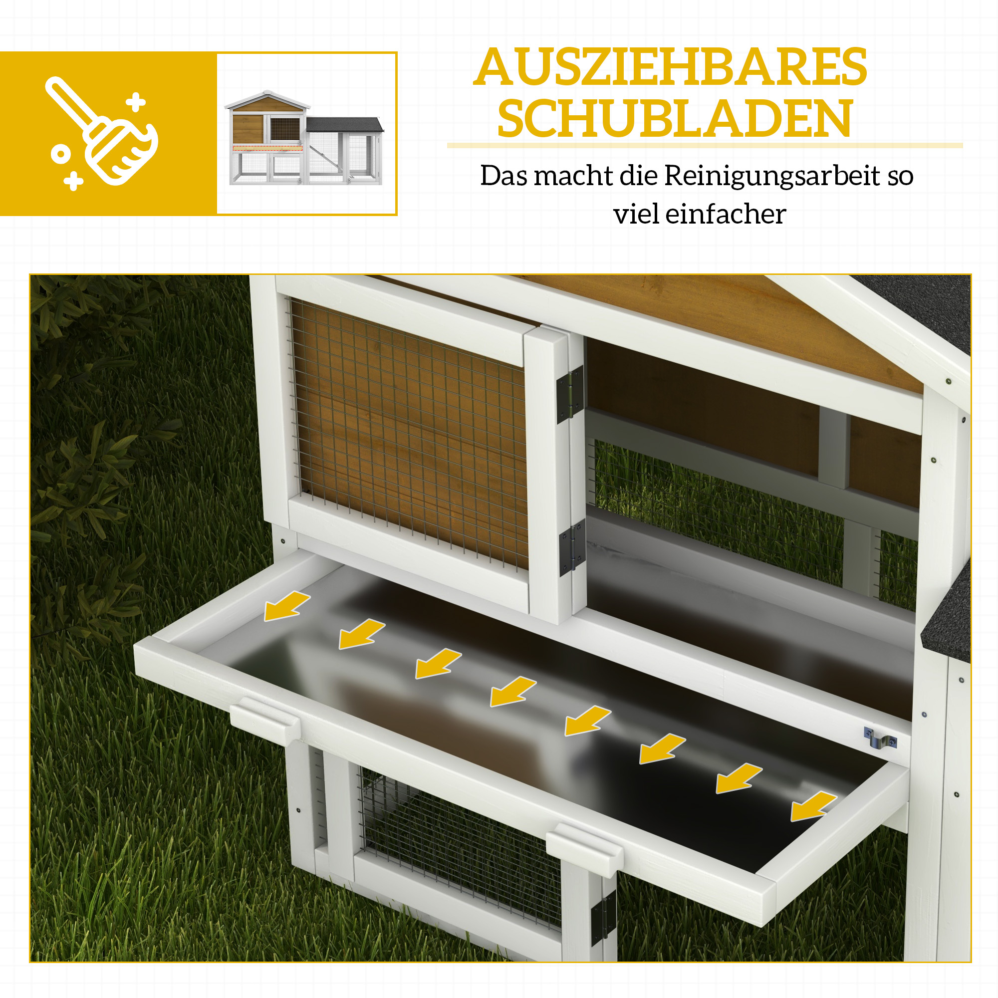 Hasenstall 2 Etagen Kaninchenstall Holz Kaninchenkäfig mit Bitumendach Freilaufgehege Rampe Türen 147x54x84 cm Gelb